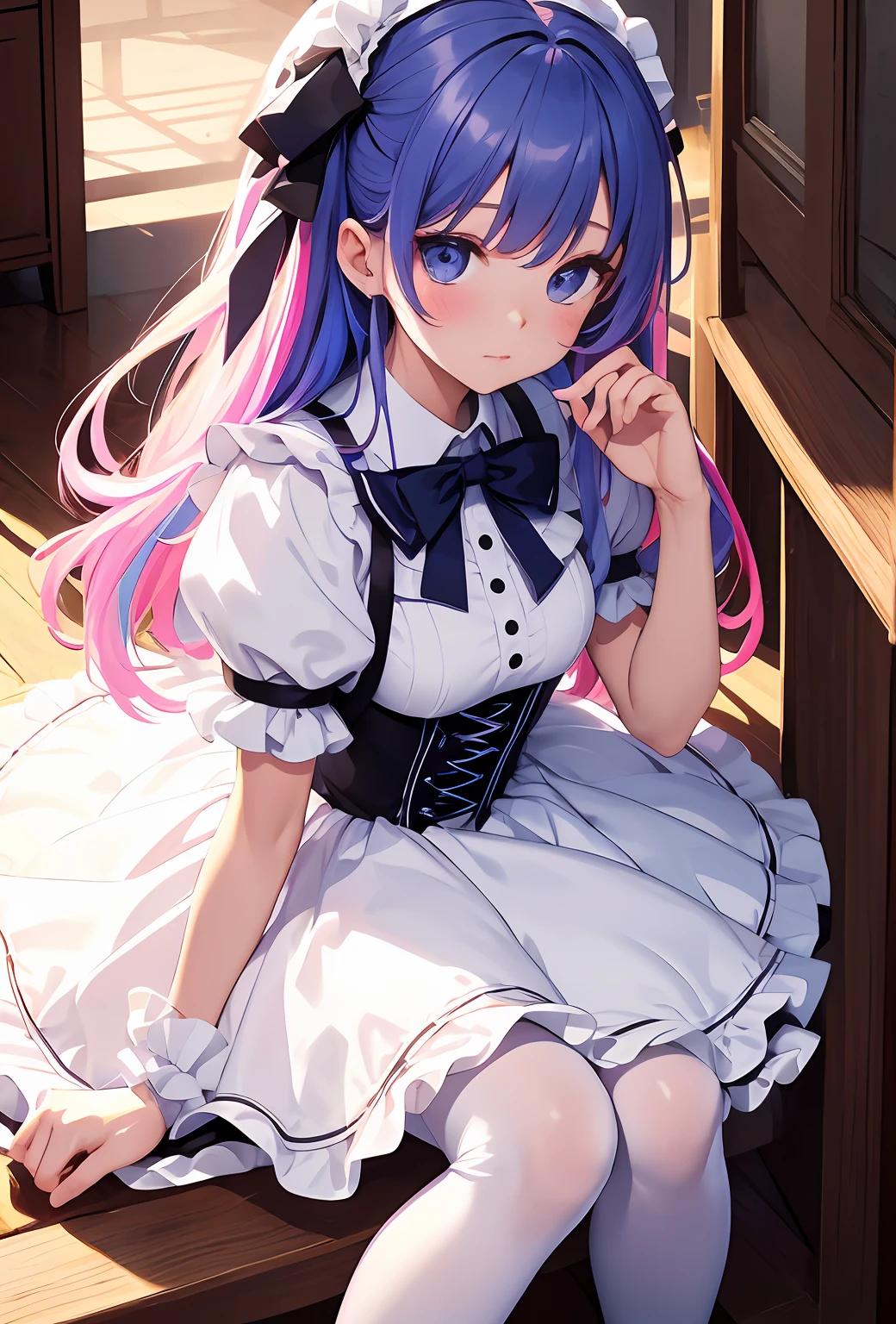 best qualityer，tmasterpiece，Ultimate resolution，downy，Extremely colorful，Colorful，Big high school girl，ta long dress， white stockings，Muffin shoes，Castle background，closeup of face