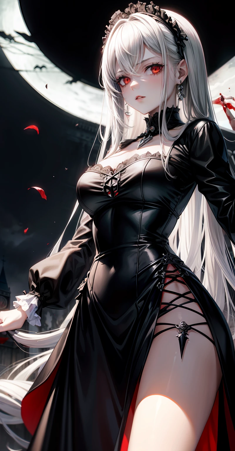 best qualityer,High-gloss dark style,A thriller masterpiece,Black-white-gray drawing,Bloody moonlight,The Skeleton Man is back,Embrace the sky with open hands,The ground was covered in blood,Death is at hand,The end of London,Bell tower with chain,Blood red cloak,head portrait,red color eyes,Poignant,style of anime,Rose flower,Gothic mature aristocratic lady,a matural female,disgust face。