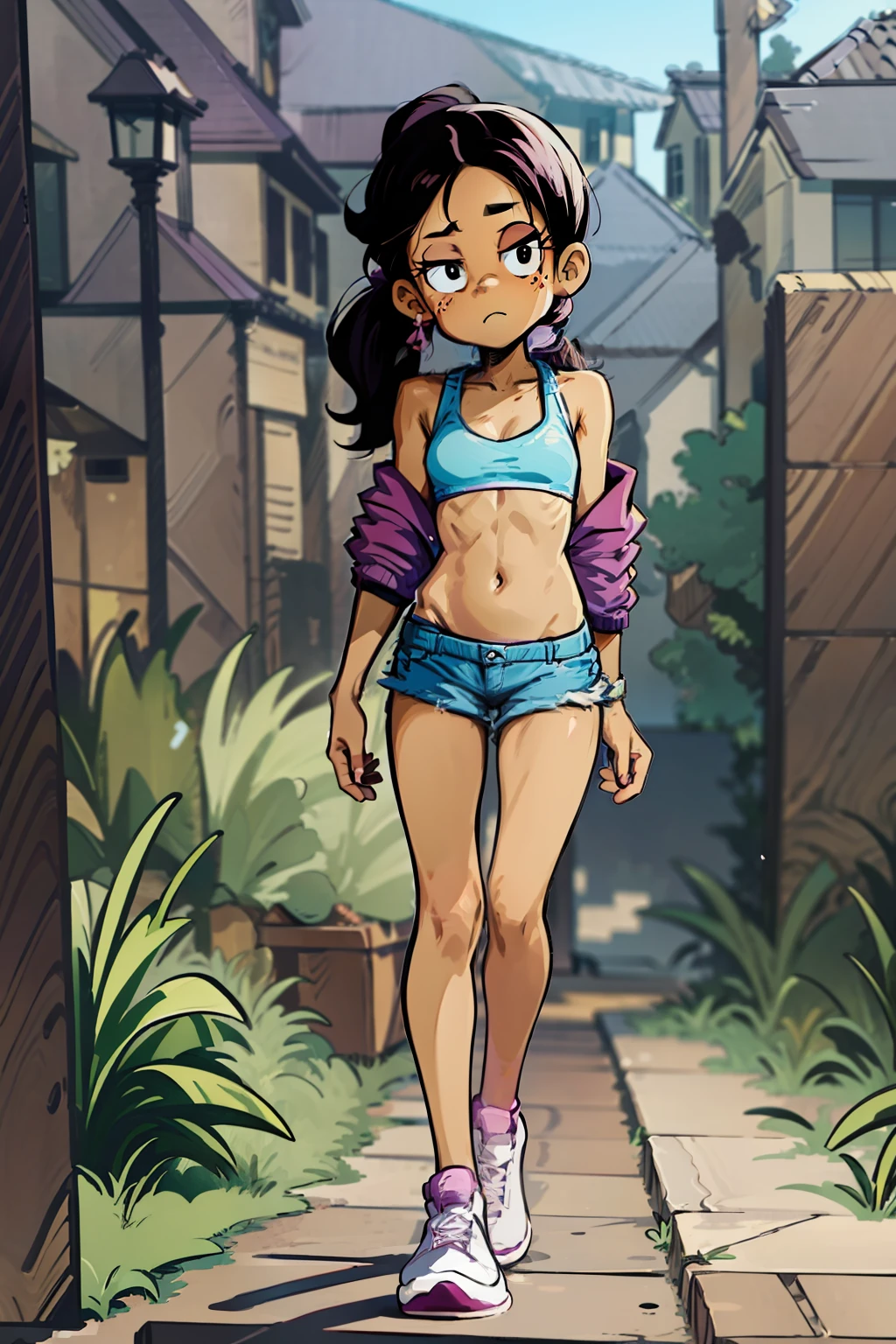 Ronnie Anne, purple hoodie, shorts, black eyes, ponytail, tanned skin, full body, (same character front, back, side view) cartoon-anime, bare arms, bare shoulders, bare stomach