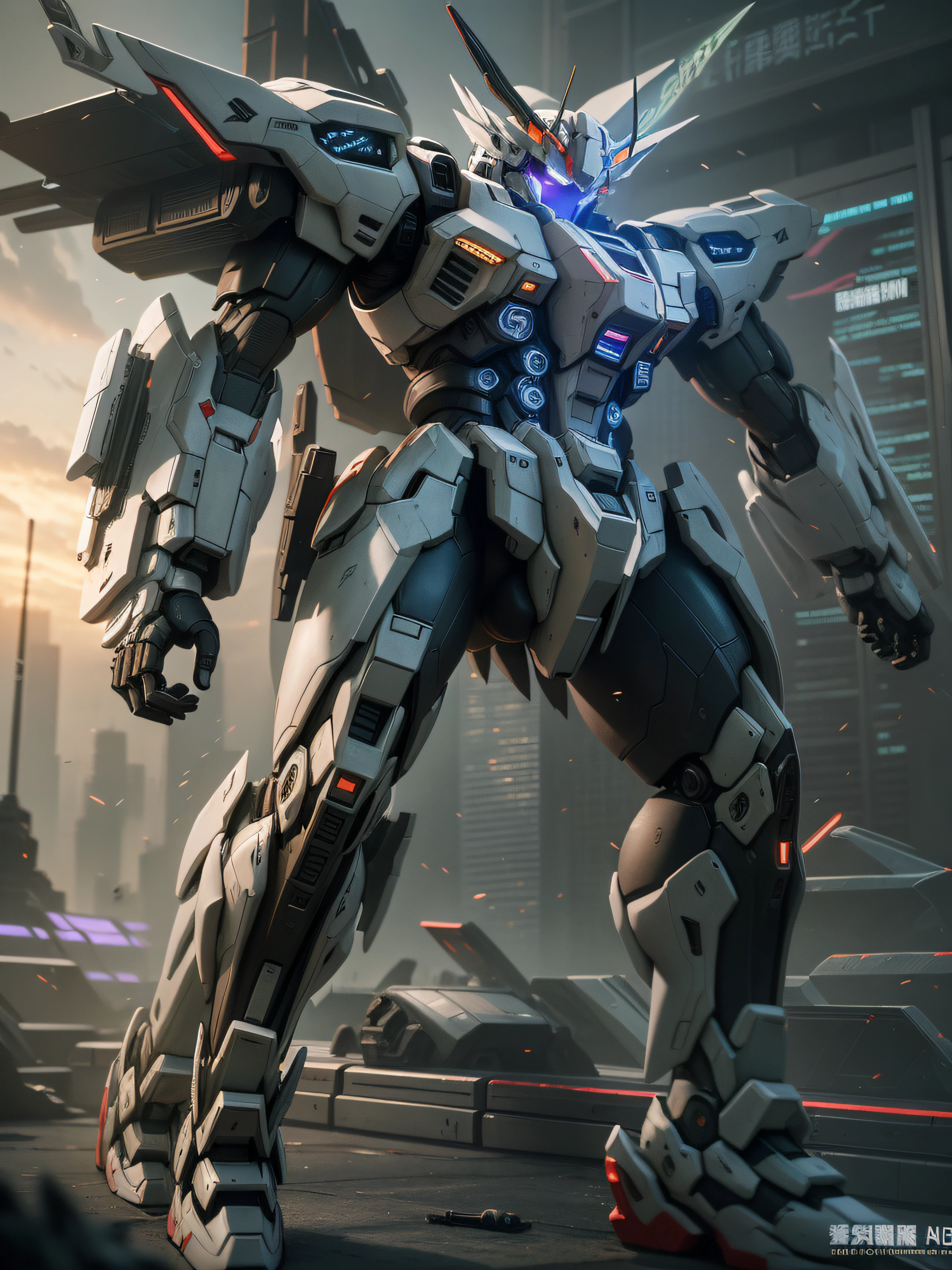 Highest image quality，Outstanding details，超高分辨率，（Fidelity：1.4）,Unicorn Gundam 02 Banshee, Combat action to repay the banshee, High-tech ion cannon weapons，cyber punk perssonage，Futuristic，mechanically aesthetic，Virtual Engine 5，Perfect detail rendering，rendering by octane，hyper HD