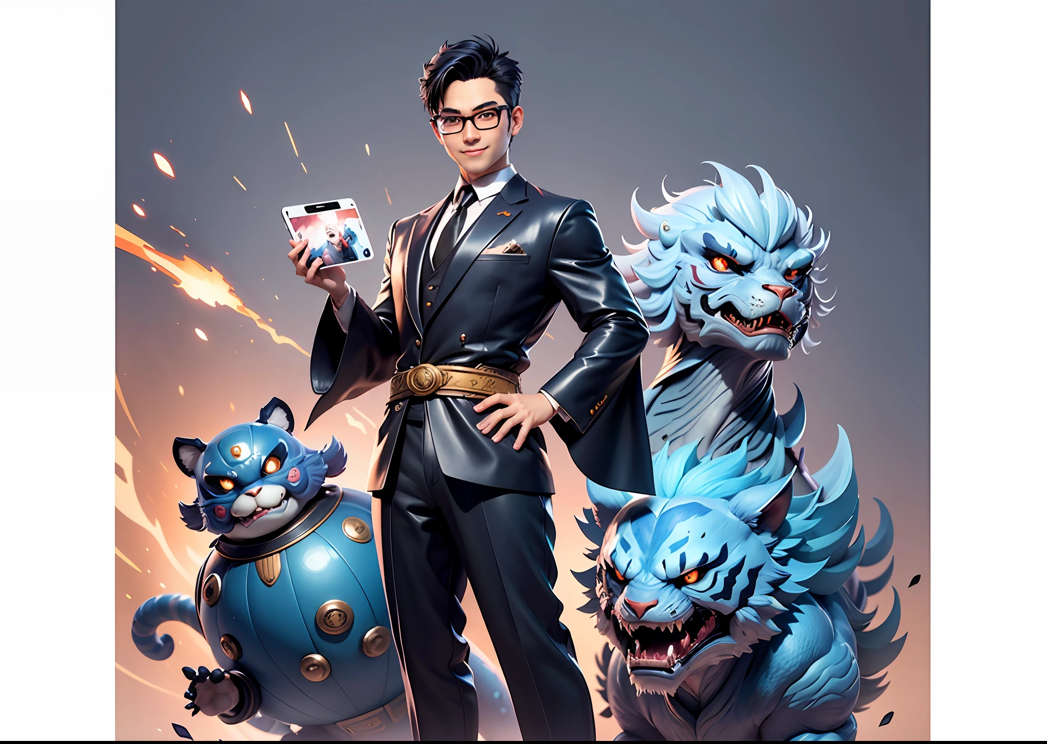 (Masterpiece), (Excellent), (Super Meticulous), (Full Body: 1.2), Super Young Man with Japanese Female Geisha, Pretty, Beautiful, Chinese Dragon, Tiger, Wind God Thor, Sexy, Bursting, Oriental Face, TV Anchor, Bust Portrait Illustration, Black Suit, Blue Tie, Slightly Chubby Face, Silver Glasses, Very Clean Face, No Beard on Chin, Black Super Short Hair, Black Eyes, Confident Smile, 3c Computer Sub-Products, iPad, iPhone, Digital Painting, 3D character design by Mark Clairedon and Pixar and Hayao Miyazaki and Akira Toriyama, the illustrations are HD illustrations in 4K resolution with highly detailed facial features and cartoon-style visuals.