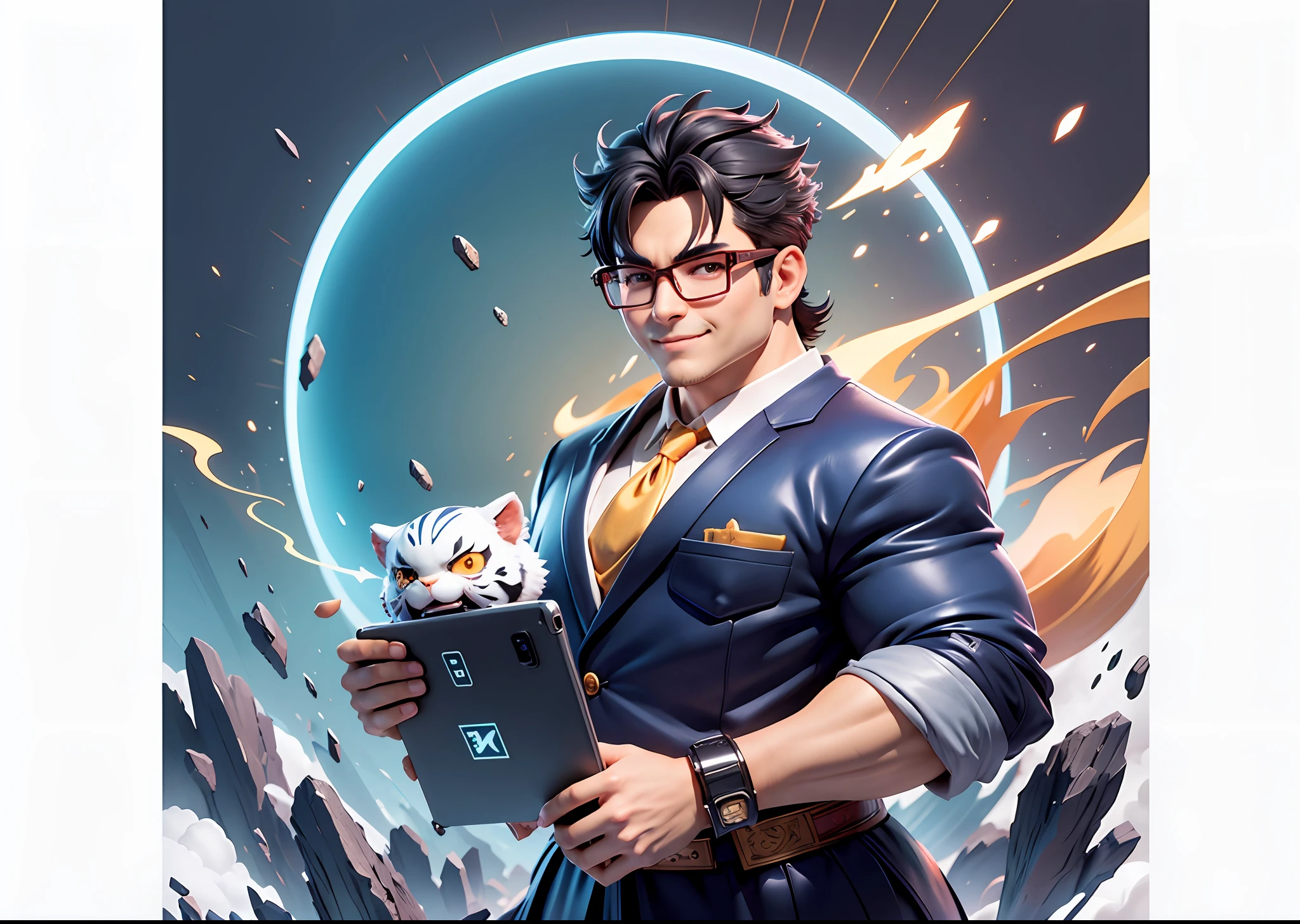 (Masterpiece), (Excellent), (Super Meticulous), (Full Body: 1.2), Super Young Man with Japanese Female Geisha, Pretty, Beautiful, Chinese Dragon, Tiger, Wind God Thor, Sexy, Bursting, Oriental Face, TV Anchor, Bust Portrait Illustration, Black Suit, Blue Tie, Slightly Chubby Face, Silver Glasses, Very Clean Face, No Beard on Chin, Black Super Short Hair, Black Eyes, Confident Smile, 3c Computer Sub-Products, iPad, iPhone, Digital Painting, 3D character design by Mark Clairedon and Pixar and Hayao Miyazaki and Akira Toriyama, the illustrations are HD illustrations in 4K resolution with highly detailed facial features and cartoon-style visuals.