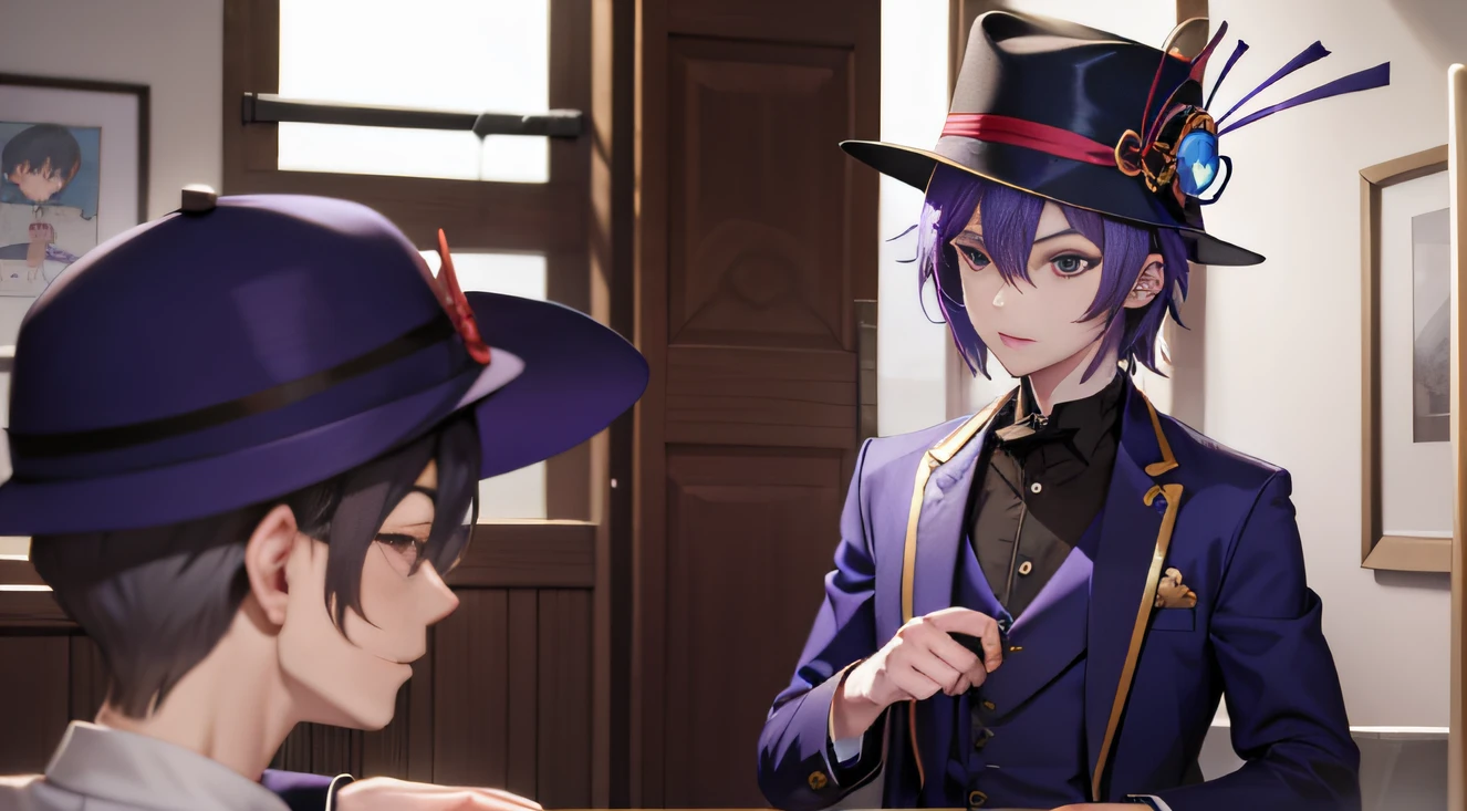 short detailed hair，Purple colored hair，wearing hat，The boy in blue，Puppets，Very procrastinating，Genshin Scattering，Libido boy