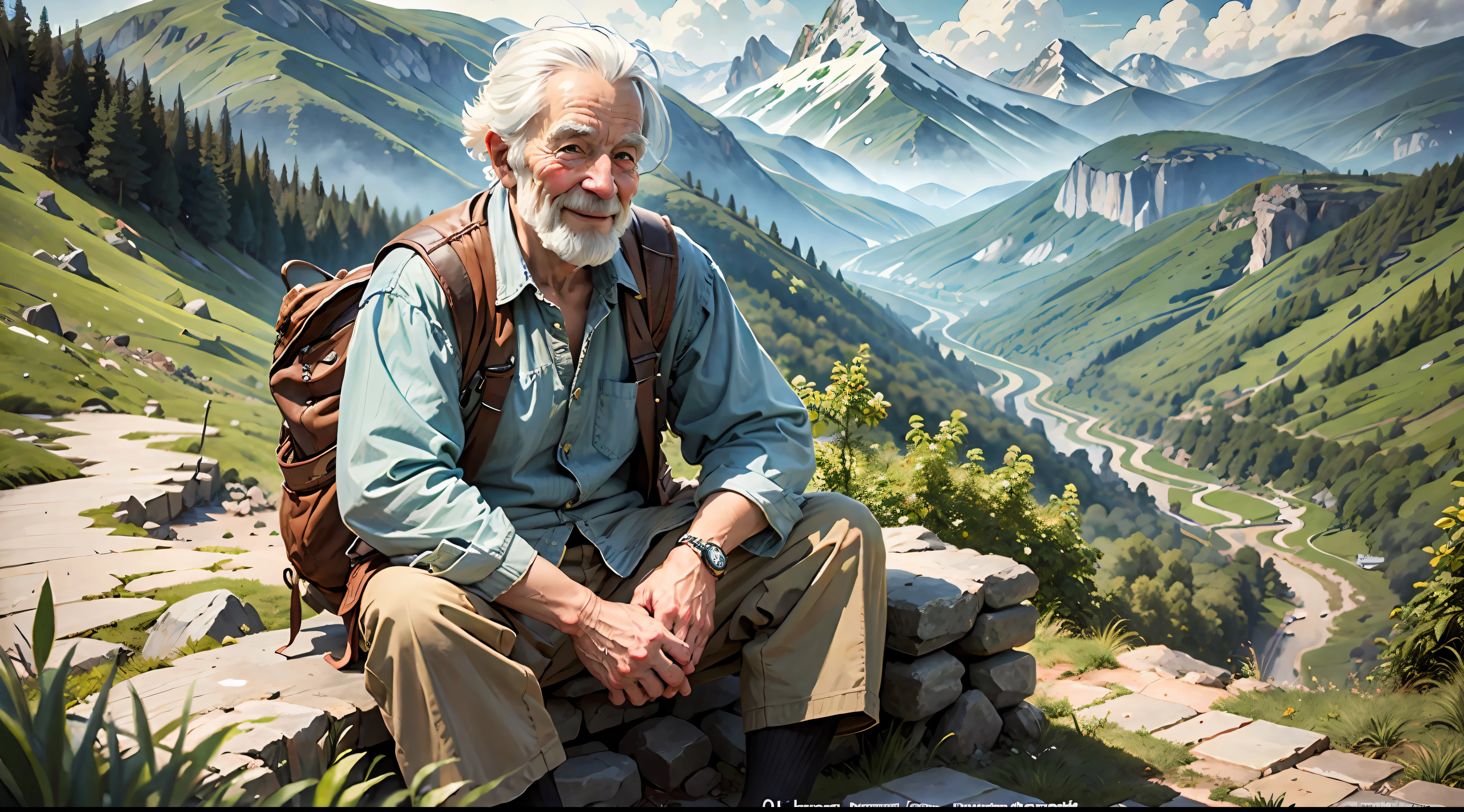 (masterpiece), (best quality), realistic illustration, 1 old man, almost full body, smile, sitting, old clothes, white hair, looking to the side, green mountains, high mountains, beautiful view,