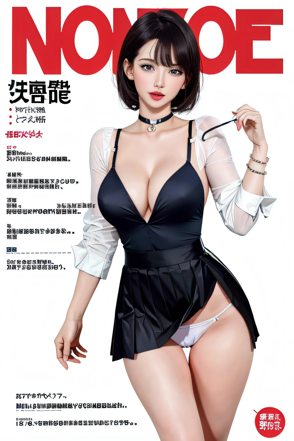 masterpiece, top-quality, full body Esbian, 1girl in, bangss, Black Choker, (((Skirt combing)))、((White cotton panties))、(NSFW:1.5)、Black tie, A dark-haired, a blue skirt, red blush, A bracelet, breastsout, a choker, Clothing around the waist, 鎖骨, shirt with collar, cowboy shot, (magazine:1.3), (cover-style:1.3), Fashionable, femele, with a vibrant, outfits, the pose, the front, Colorful, Dynamic, Background with, element, self-assured, expresive, ngel, statement, accessorized, An majestic, coil, surroundings, Touch, The scene, Texto, covers, It's bold, captures the attention, Titles, Stylish, Font, It's catchy, headline, The large, Impressive, moderno, Trendy, Focus, lo fashion,