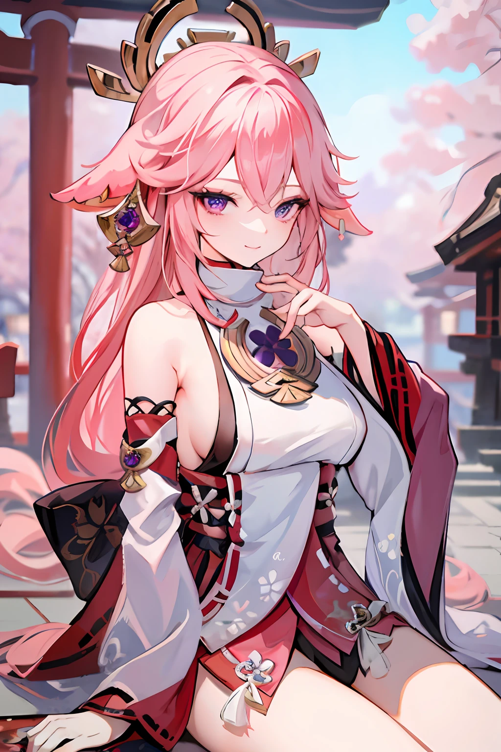 1girl, (ulzzang-6500:0.7), kpop idol, yae miko, detached sleeves, bare shoulders, pink hair, long hair, japanese clothes, best quality, (painting:1.5), (hair ornament:1.35), jewelry, purple eyes, earrings, breasts, torii, cherry blossoms, lantern light, depth of field, detailed face, face focus, ribbon_trim, (looking at viewer:1.25), nontraditional miko, shiny skin, long sleeves, smile, thick lips, game cg, hands on lips, east asian architecture, (blurry background:1.2), sitting, upper body,