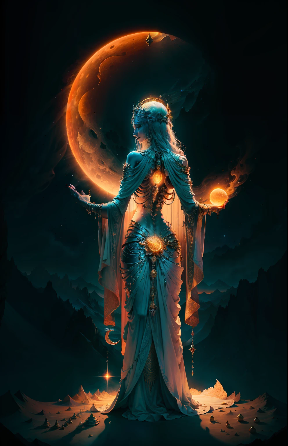 ((best quality)), ((masterpiece)), ((realistic)), A goddess who wears a long crimson robe facing away from the viewer. Behind her back she holds a skeleton arm in her hand. The setting is the high mountain desert, with the safe brush and a clear sky. The theme of the piece is death and rebirth, and the contrast between the divine and the mortal. flowers and birds, around the goddess, the skeleton arm has jewelry, a sun, a moon, and stars, the Mojave Desert, female face, metal carved top, royal aura, trend on artstation , sharp focus, studio photo, intricate detail, very detailed, detailed eye, illustration, very detailed, sharp focus, digital render, professional, 4k