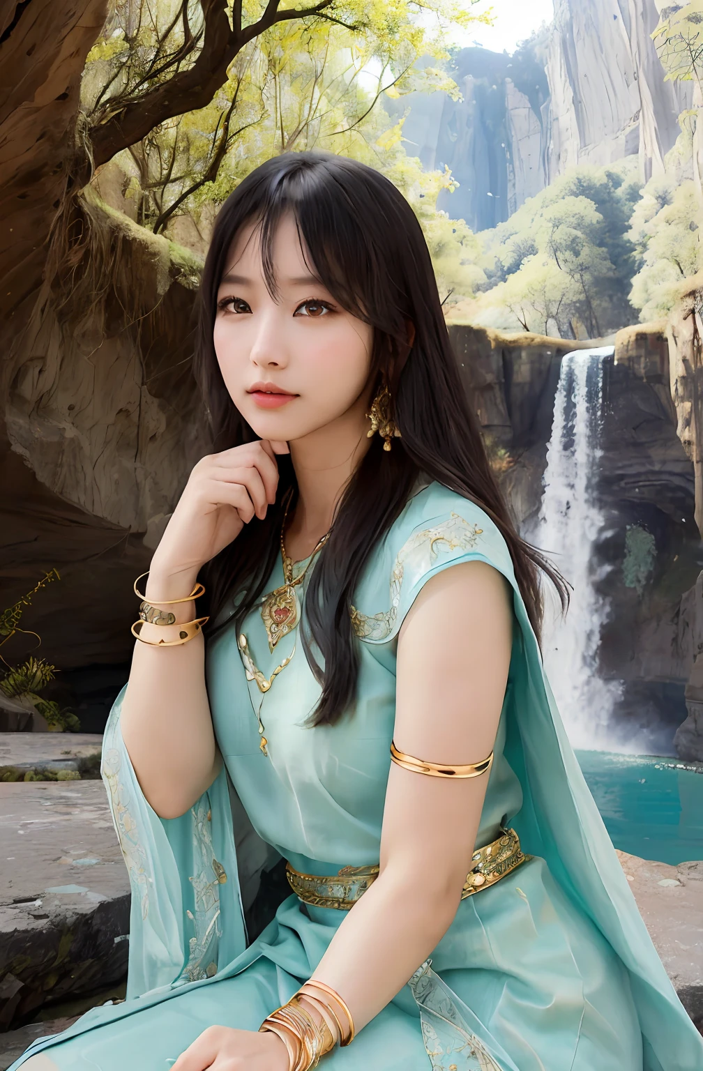 ((Realistic:1.5)),Ulzzang-6500:1.3,((Best quality)), ((Masterpiece)),((Detailed)),2girls,duo,{2 beautiful women}, (Upper body:1.3),Hug and touch each other, Tease your friend's waist, Breathless friends, Biting a friend's earlobe, crouched,super wide shot,Face focus, Long legs,Curvy, Barefoot,Wide hips, Thin legs, Oversized eyes,Long eyelashes, (Detailed face,beautidful eyes, detailedpupils,detailed clothes features, Clear background:1.3), (armlets, bangle:1.3), Mysterious ancient ruins, floresta exuberante, Deep canyon,bridge,River,cliff,Cloud,lakes,Rock music,Waterfalls, Flowers, Grass,grape trees,tree,bright detail,Sharp,Perfect compounding, Intricate, Sharp focus, Dramatic,