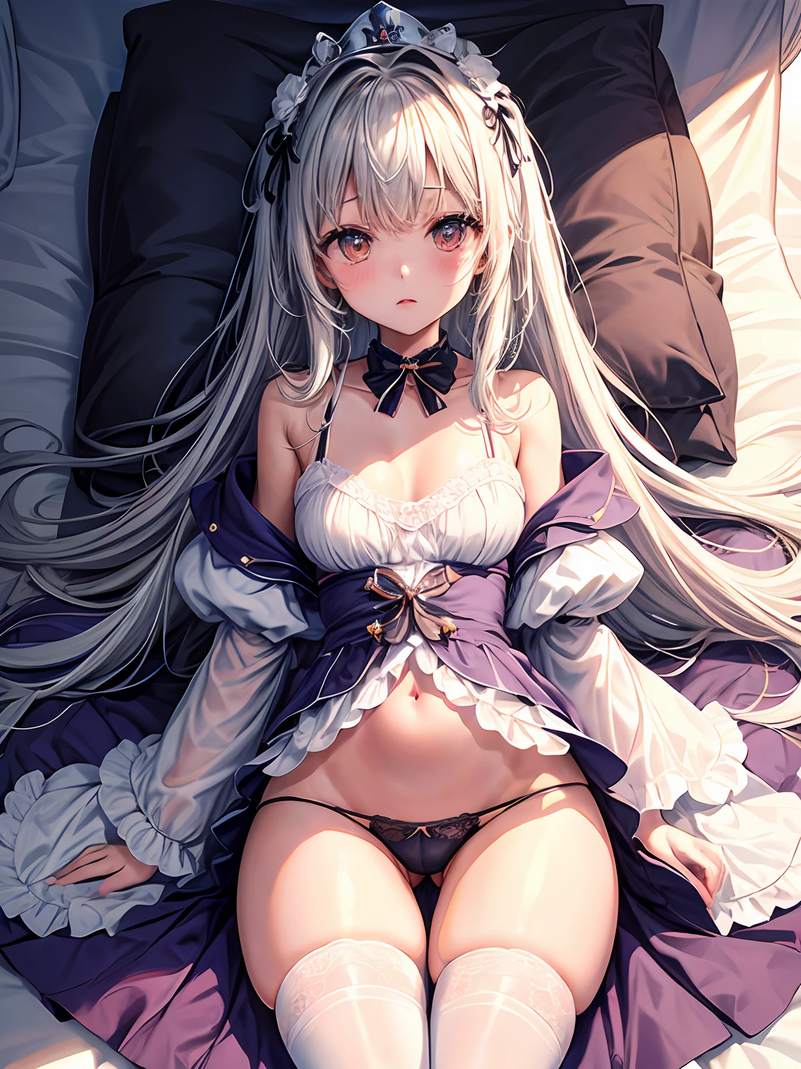 panties small、opens legs、lighting like a movie、embarrassed from、Black skin、laying on back、robe blanche、Open your crotch、hime、princess、diadems、(thighs thighs thighs thighs:1.5)