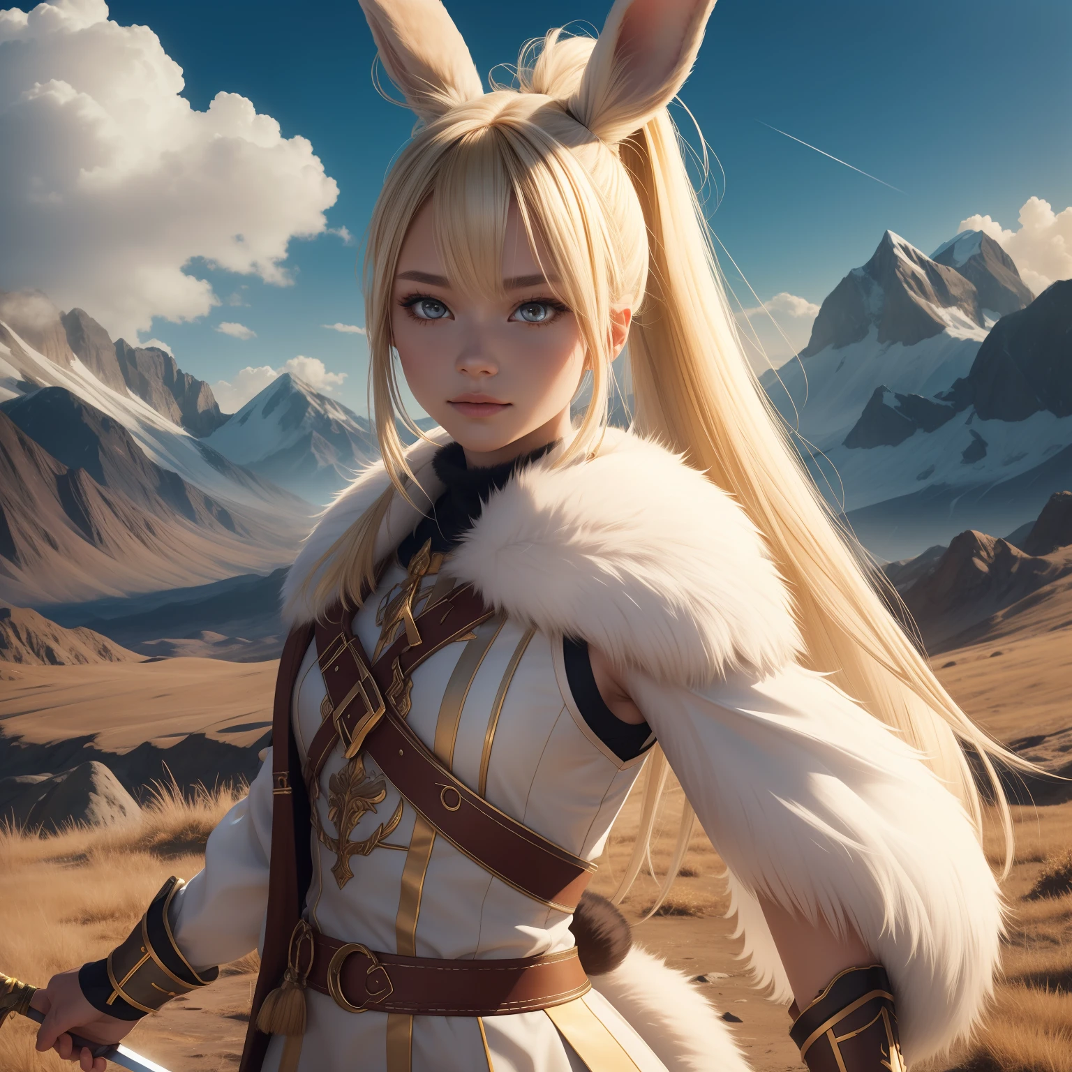 1girl in,Rabbit fur,Fur skins,Rabbit ears,Rabbit tail,Dynamic Pose,Perfect face,White and yellow gradient hair, Ponytail hair,(Jitome:1.5),tareme,rainbow eyes, Glowing eyes,Beautiful eyes,White and gold armor,Sword,with raised arm, BREAK, with vibrant colors,Friendly atmosphere,Sunlight,Warm rays,shadowy, Ray tracing,  BREAK, Fantasy,Tall mountain background, Split slope, Variety of color tones,A small forest at the foot of the mountain,Left position,Distant city skyline,BREAK, Looking at Viewer, Front On Break 4K, (Raw photo: 1.2), (Realism: 1.4), (masutepiece: 1.3), (exquisite detailing: 1.2), Delicate and beautiful details, (Eye Detail), (Facial Detailed), (Highest Quality) :1.4), (Hyper-Resolution: 1.2), cinematric light, (very detailed illustration), (Eyelashes, Best Quality, Super Resolution, depth of fields, Wide light, natural shadows