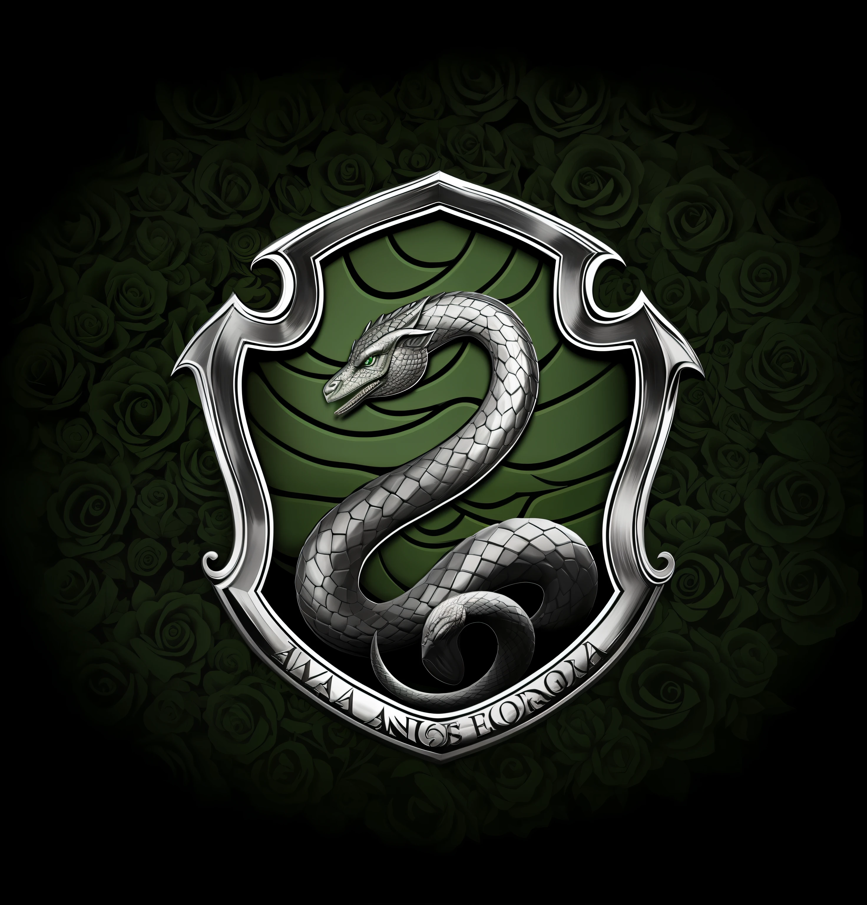 uma crista manhosa verde e preta com uma cobra sobre ela, sem texto, Arte da sede, Draco, Antecedentes Hogwarts, Jormungandr, fundo verde das cobras, royal insignia in background, emblema do escudo, Harry Potter!!, Hogwarts, Legado de Hogwarts, Harry, Green robes, imagem do avatar, estilo Hogwarts, hidra, basilisco, snake is surrounding them, Arte de Harry Potter