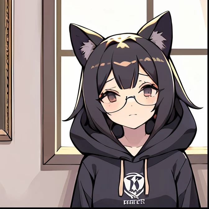 (masterpiece), (best quality), (highly detailed), 1girl, solo, looking at viewer, long sleeves, bangs, smile, hair between bag, indoor, room, black ribbon, black hair, hoodie, upper body, jacket, blush, cat ears, circle glasses, glasses, dim lighting, casual