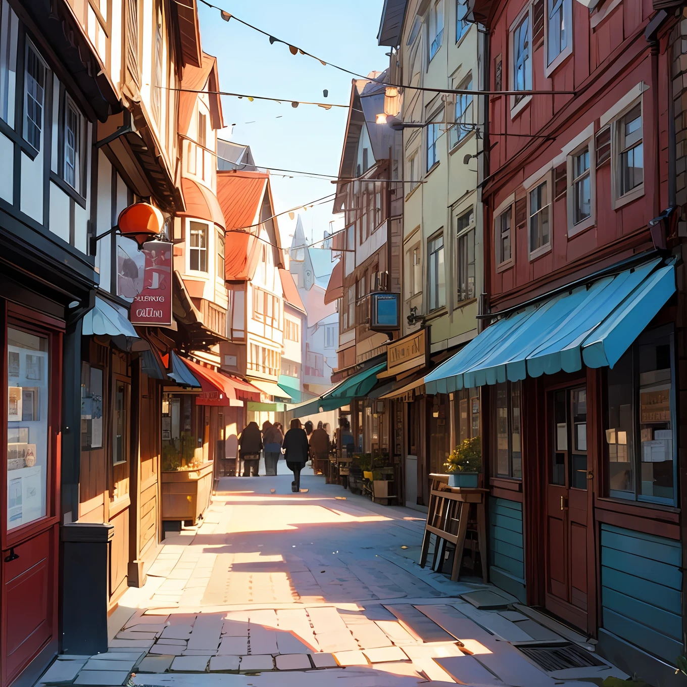Generate a picturesque scene of Islandia village, capturing the vibrant atmosphere and lively ambiance with its charming buildings with people interacting each other. --auto