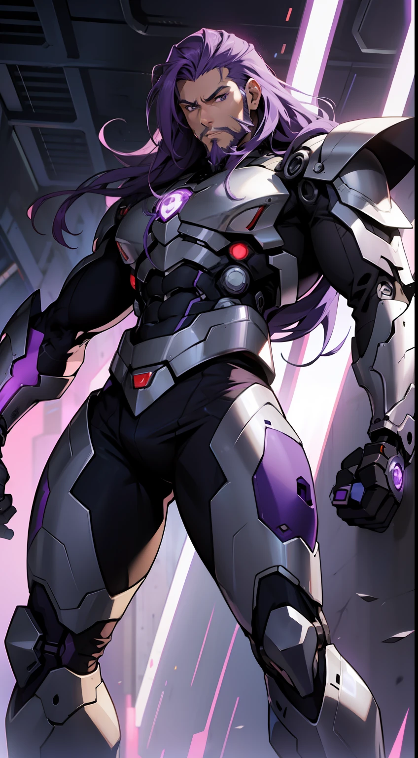 long purple hair anime guy, cyborg, metal armor, anime style 2d, 4k, purple aura, shaved beard