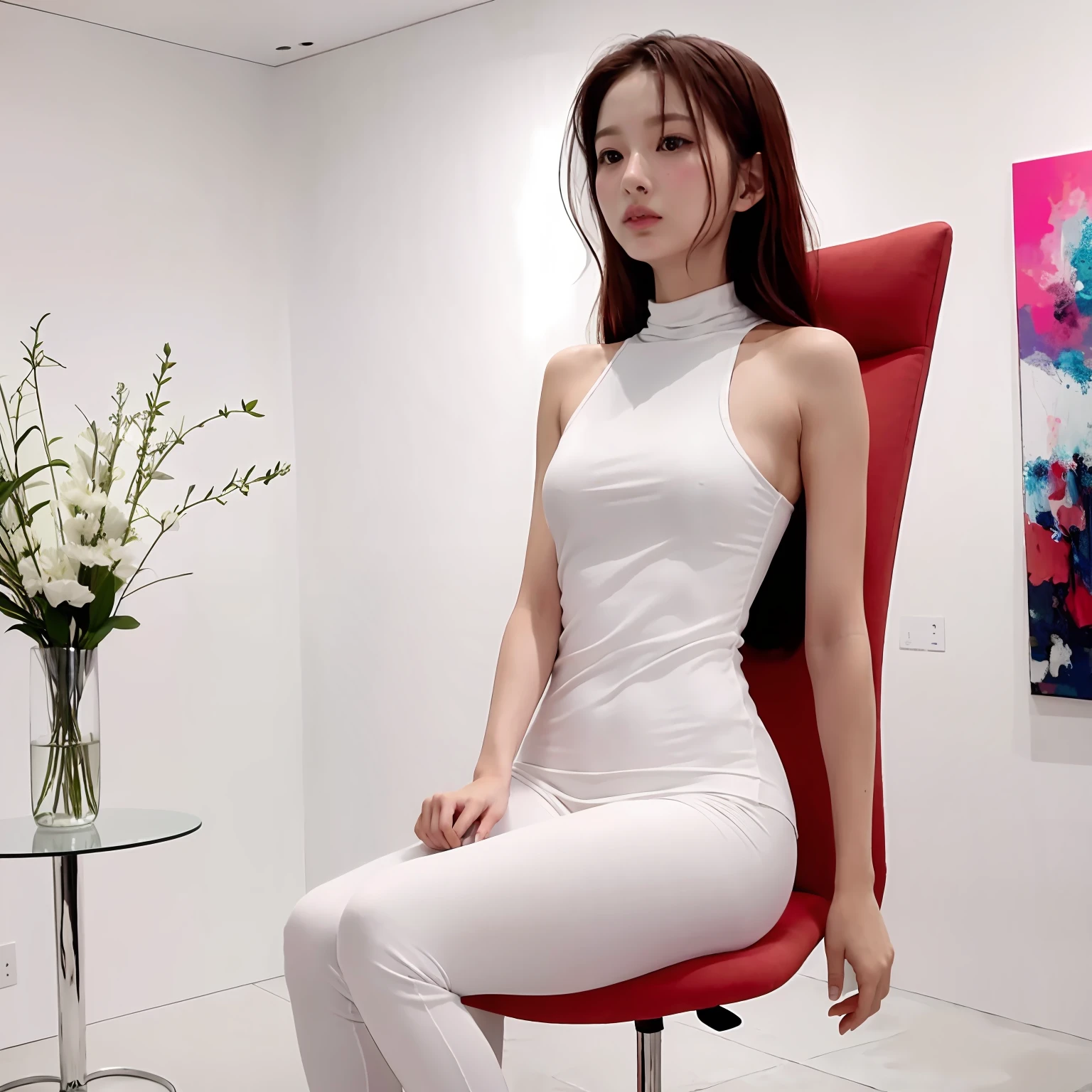 The Alafi woman sat in a chair in the room，in white room, Smooth red tight clothes set, in an art gallery, sitting in fancy chair, smooth in，There are sculptures inside,   in an art gallery