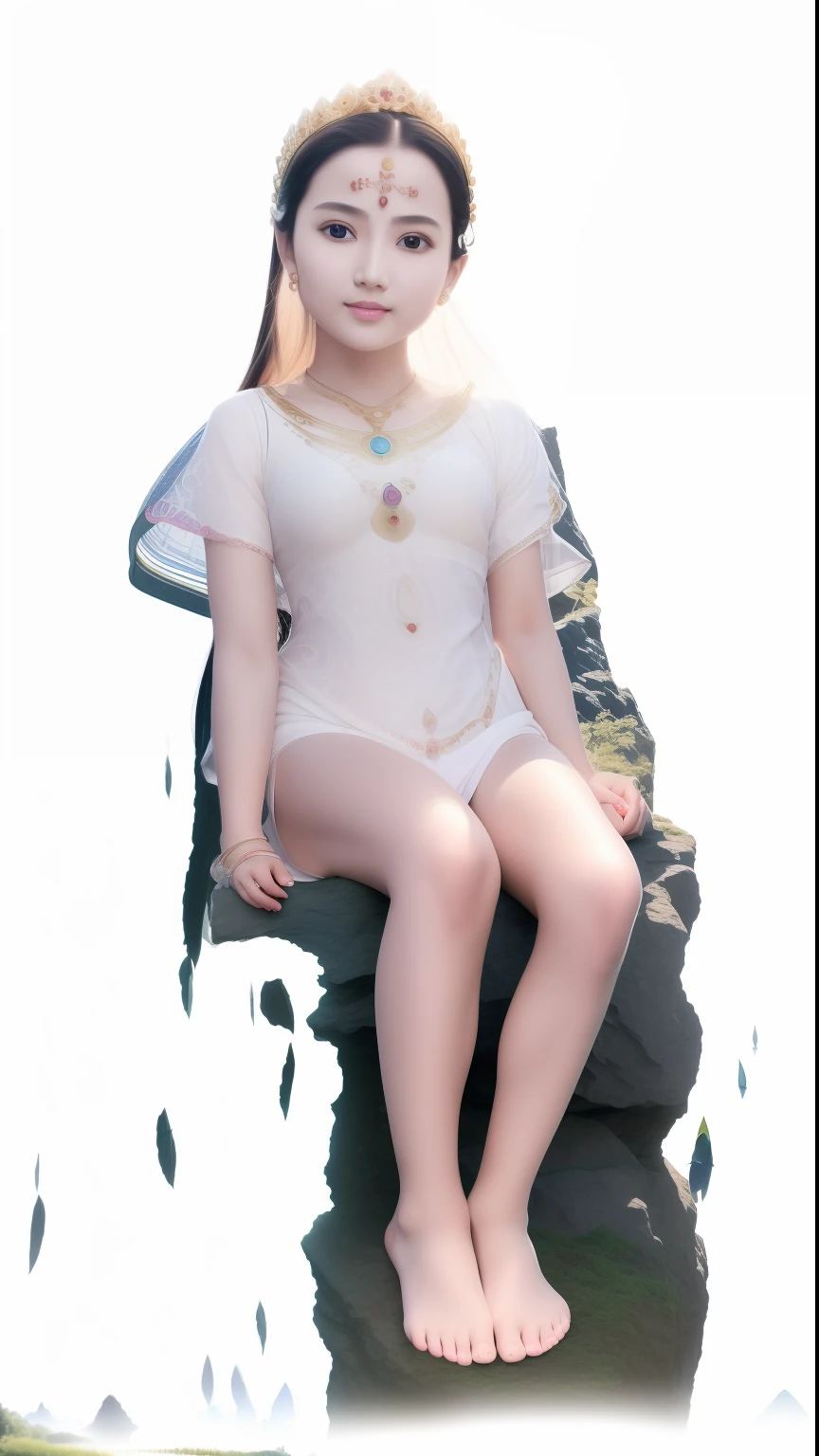 In the void, Little girl sitting leisurely in a garden wonderland，Five-colored cloudy sky，Perfect body posture，Barefoot，Beautiful eyes sparkle，The large, Jewel-like eyes sparkle，Clear pupils have reflected light，二重まぶた，Lying silkworm，（（Plump and rosy lips））Nipples clearly visible，（（Flushed cheeks）），The mandible is plump，Fair skin is delicate and smooth，Delicate skin translucent，A delicate and dexterous crown，inlaid gemstones，Exquisite and ingenious，inlaid gemstones，Sitting on a light red lotus in the air，look straight at the camera，(((nice hand)))，（（（（Good feet））），（（（good legs））），realisticlying，white skinned，（（Correct body structure）），White clothing，decorated in white，baiyun，Blue sky，Head background with round light，Behind him is a colorful rainbow circle，Color glow is turned on，Front lighting，Positive light，No shadows on the face，There are no shadows on the body，Blue sky，Unreal space，ethereal world，dreamworld，with blue sky and white clouds，tmasterpiece，4K，ultra-definition，professional photoshooting，Standard lens shooting，