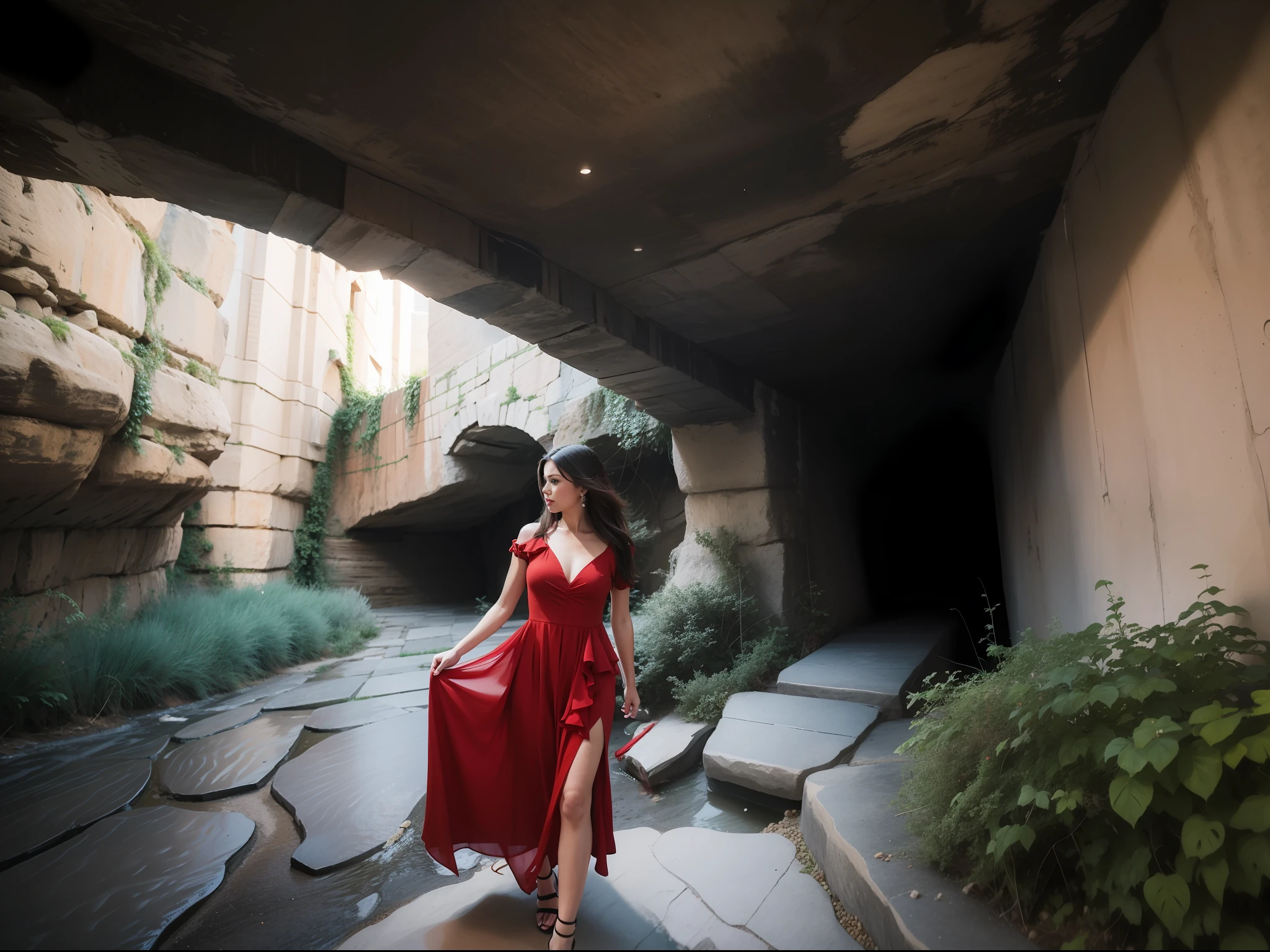 Woman in red dress，In the middle of the mountains，A desert