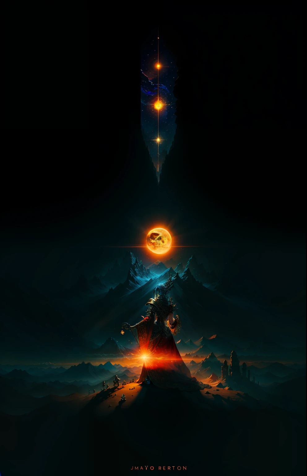 ((best quality)), ((masterpiece)), ((realistic)), A goddess who wears a long crimson robe facing away from the viewer. Behind her back she holds a skeleton arm in her hand. The setting is the high mountain desert, with the safe brush and a clear sky. The theme of the piece is death and rebirth, and the contrast between the divine and the mortal. flowers and birds, around the goddess, the skeleton arm has jewelry, a sun, a moon, and stars, the Mojave Desert, female face, metal carved top, royal aura, trend on artstation , sharp focus, studio photo, intricate detail, very detailed, detailed eye, illustration, very detailed, sharp focus, digital render, professional, 4k