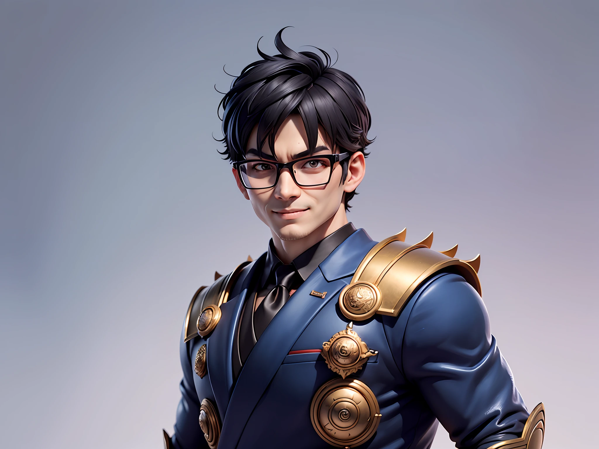 (Masterpiece), (Excellent), (Super Meticulous), (Full Body: 1.2), Super Young Man with Japanese Female Geisha, Pretty, Beautiful, Chinese Dragon, Tiger, Wind God Thor, Sexy, Bursting, Oriental Face, TV Anchor, Bust Portrait Illustration, Black Suit, Blue Tie, Slightly Chubby Face, Silver Glasses, Very Clean Face, No Beard on Chin, Black Super Short Hair, Black Eyes, Confident Smile, 3c Computer Sub-Products, iPad, iPhone, Digital Painting, 3D character design by Mark Clairedon and Pixar and Hayao Miyazaki and Akira Toriyama, the illustrations are HD illustrations in 4K resolution with highly detailed facial features and cartoon-style visuals.