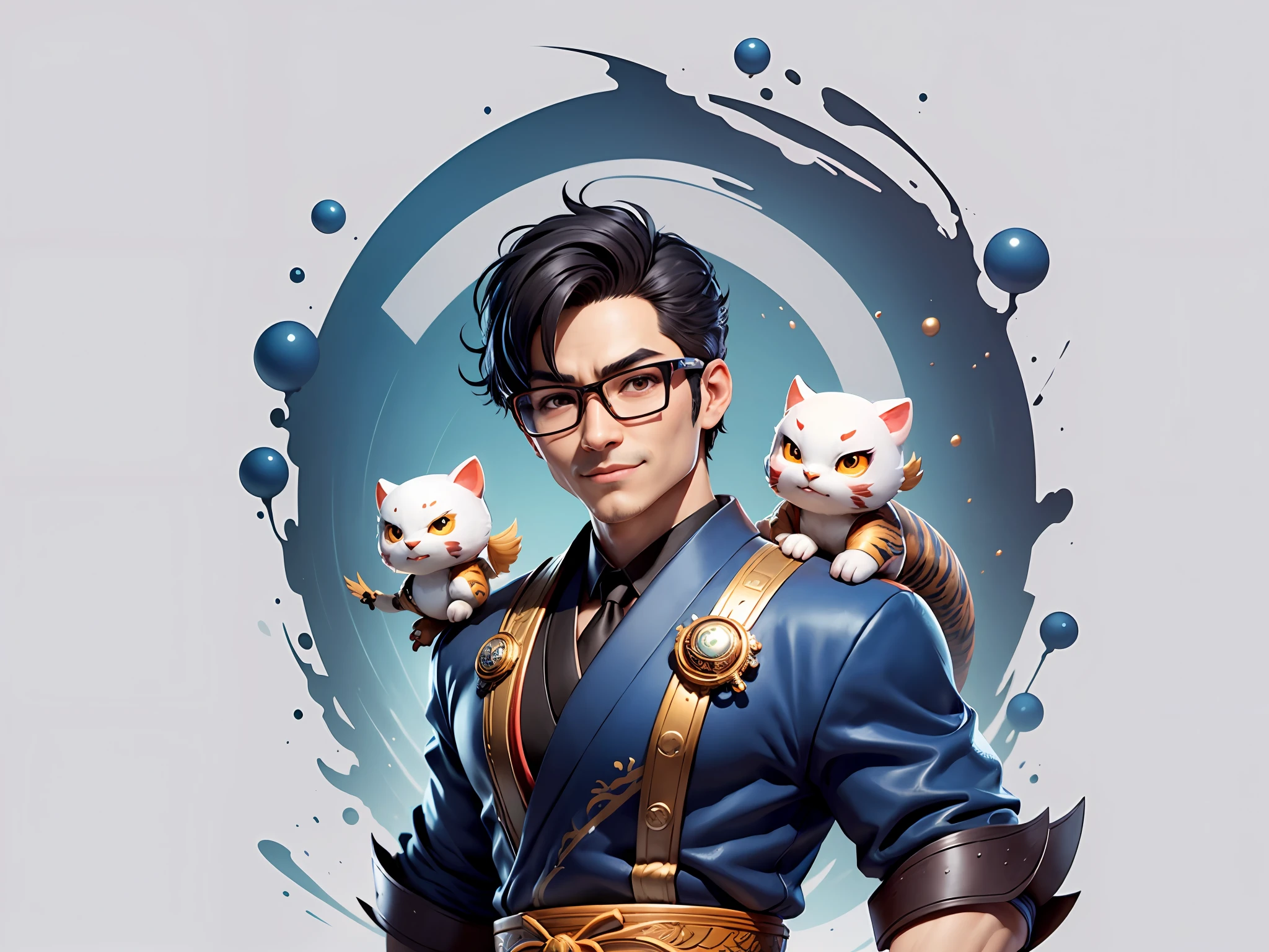 (Masterpiece), (Excellent), (Super Meticulous), (Full Body: 1.2), Super Young Man with Japanese Female Geisha, Pretty, Beautiful, Chinese Dragon, Tiger, Wind God Thor, Sexy, Bursting, Oriental Face, TV Anchor, Bust Portrait Illustration, Black Suit, Blue Tie, Slightly Chubby Face, Silver Glasses, Very Clean Face, No Beard on Chin, Black Super Short Hair, Black Eyes, Confident Smile, 3c Computer Sub-Products, iPad, iPhone, Digital Painting, 3D character design by Mark Clairedon and Pixar and Hayao Miyazaki and Akira Toriyama, the illustrations are HD illustrations in 4K resolution with highly detailed facial features and cartoon-style visuals.