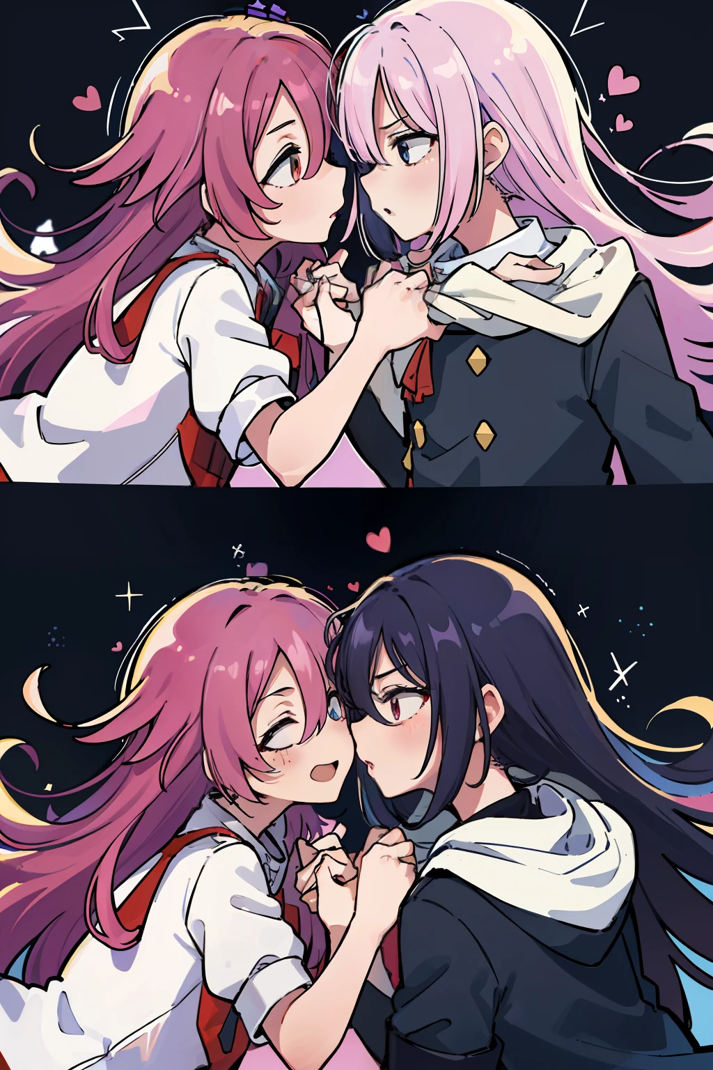 ((extremelydetailedCG)),((8K_Wallpaper)),(((masutepiece))),((top-quality)), ((Couple in love)), The two are kissing、Has characteristic movements and power, Playfulness and dynamic, With vivid colors and exaggerated expressions. While maintaining overall uniformity、Incorporate elements from each anime world、
