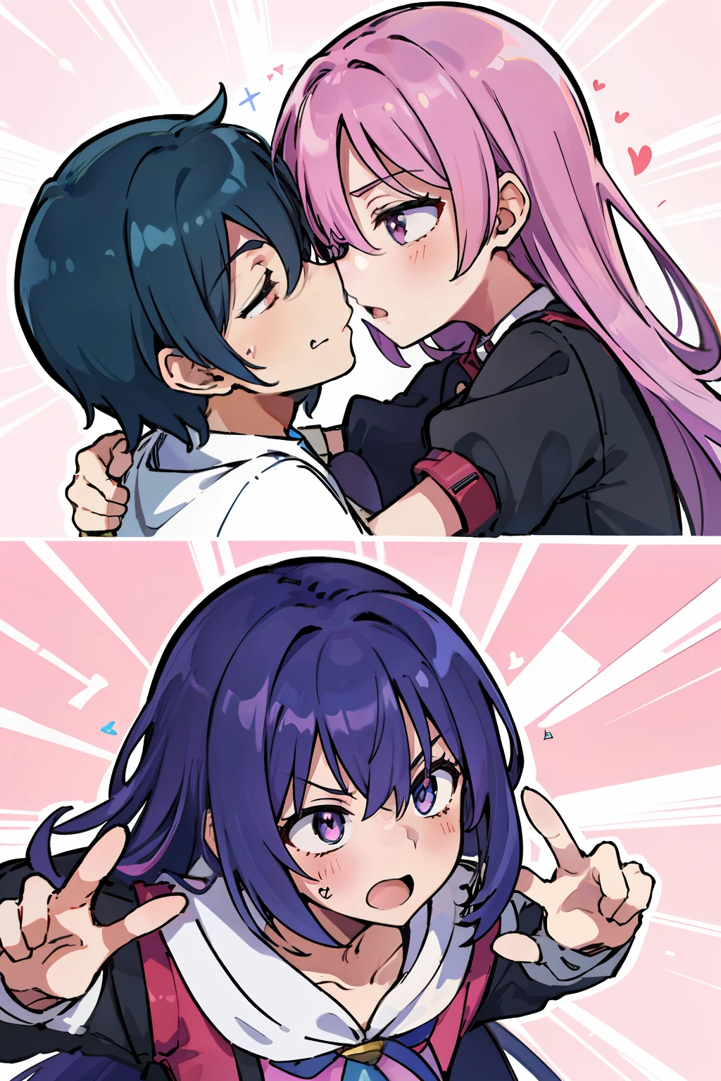 ((extremelydetailedCG)),((8K_Wallpaper)),(((masutepiece))),((top-quality)), ((Couple in love)), The two are kissing、Has characteristic movements and power, Playfulness and dynamic, With vivid colors and exaggerated expressions. While maintaining overall uniformity、Incorporate elements from each anime world、