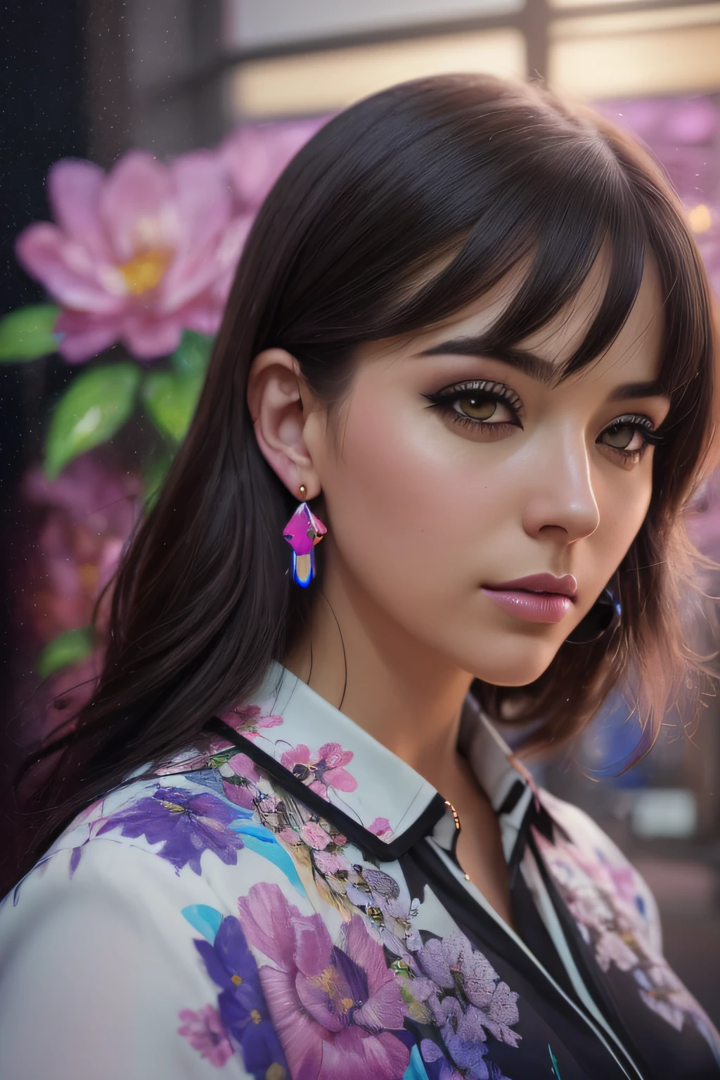 ((Selfie:1.1)), (raw:1.1) photo of (brunette Maj1j3j01-1500:0.99), a woman as a model, modelshoot style, (extremely detailed CG 8k wallpaper unit), photo of the world's most beautiful artwork, majestic professional oil painting by Ed Blinkey, Atey Ghailan, Studio Ghibli, by Jeremy Mann, Greg Manchess, Antonio Moro, trend at ArtStation, trend at CGSociety, Intricate, High detail, sharp focus, dramatic and photorealistic painting art by midjourney and greg rutkowski, (day:1.2), (dimly lit), (neon lights:1.2), (carnival:1.1), (makeup:1.1), ((window in the background)), ((flowery blouse:1.2)), (looking at the viewer:1.3), (detailed students:1.3), (modern clothing:1.2), (club makeup:1.2), (closeup:1.3), (earrings).