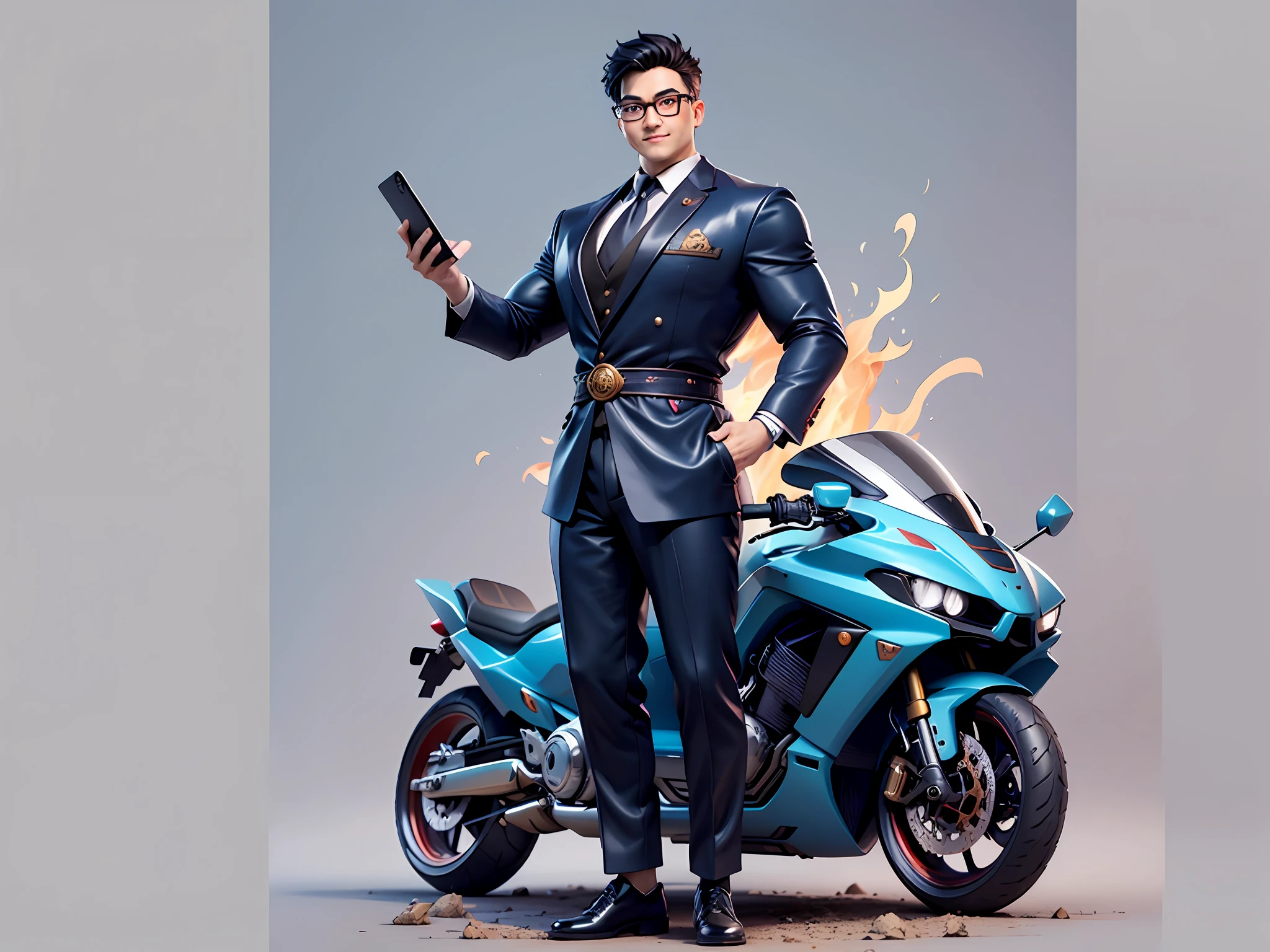 (Masterpiece), (Excellent), (Super Meticulous), (Full Body: 1.2), Super Young Man with Japanese Female Geisha, Pretty, Beautiful, Chinese Dragon, Tiger, Wind God Thor, Sexy, Bursting, Oriental Face, TV Anchor, Bust Portrait Illustration, Black Suit, Blue Tie, Slightly Chubby Face, Silver Glasses, Very Clean Face, No Beard on Chin, Black Super Short Hair, Black Eyes, Confident Smile, 3c Computer Sub-Products, iPad, iPhone, Digital Painting, 3D character design by Mark Clairedon and Pixar and Hayao Miyazaki and Akira Toriyama, the illustrations are HD illustrations in 4K resolution with highly detailed facial features and cartoon-style visuals.