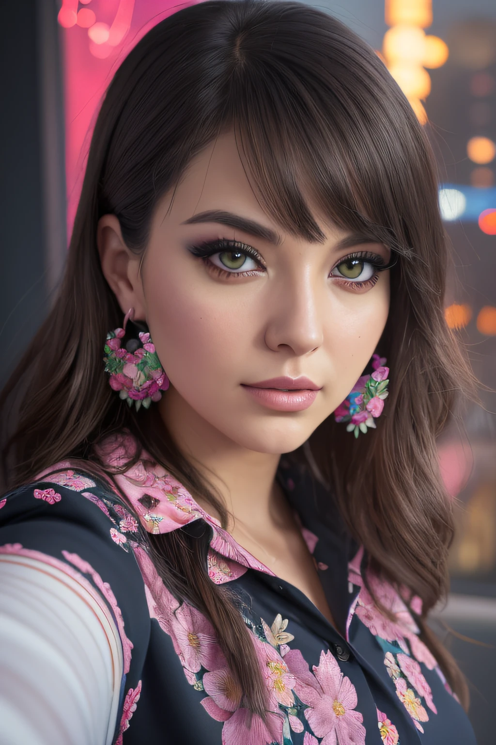 ((Selfie:1.1)), (raw:1.1) photo of (brunette Maj1j3j01-1500:0.99), a woman as a model, modelshoot style, (extremely detailed CG 8k wallpaper unit), photo of the world's most beautiful artwork, majestic professional oil painting by Ed Blinkey, Atey Ghailan, Studio Ghibli, by Jeremy Mann, Greg Manchess, Antonio Moro, trend at ArtStation, trend at CGSociety, Intricate, High detail, sharp focus, dramatic and photorealistic painting art by midjourney and greg rutkowski, (day:1.2), (dimly lit), (neon lights:1.2), (carnival:1.1), (makeup:1.1), ((window in the background)), ((flowery blouse:1.2)), (looking at the viewer:1.3), (detailed students:1.3), (modern clothing:1.2), (club makeup:1.2), (closeup:1.3), (earrings).