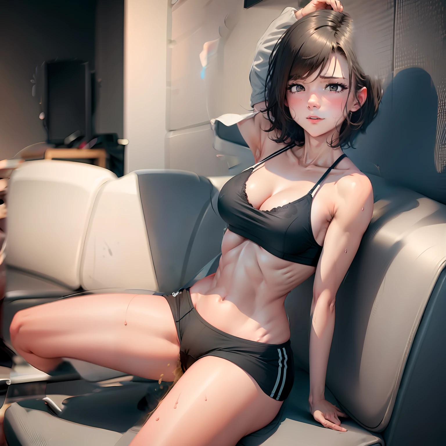 Abs,Girl with short dark hair,Black sports bras,Breast enlargement,1girll,Full body photo,There is sweat,sit-ups