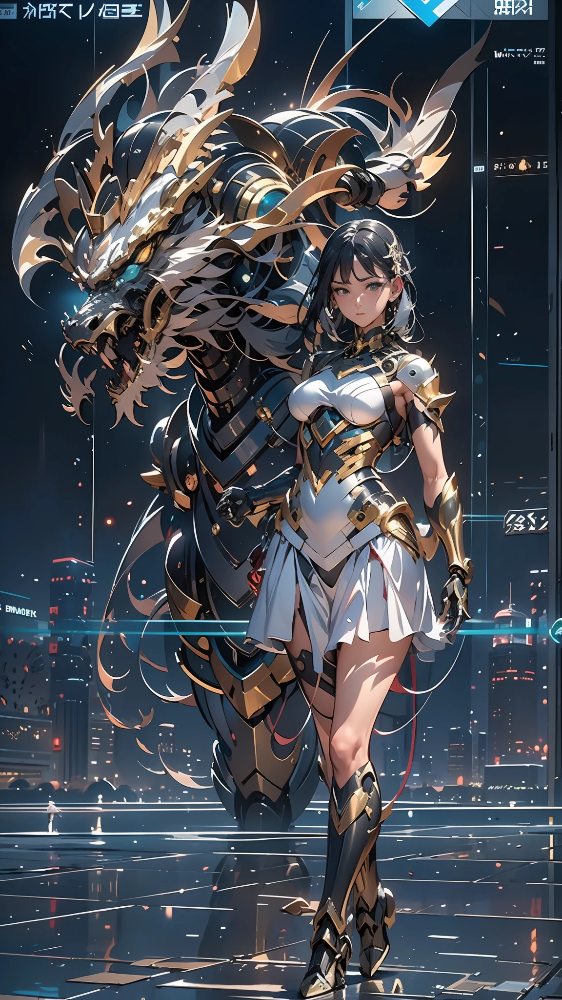 （（best qualtiy））， （（tmasterpiece））， （The is very detailed：1.3）， 3D，In Cyberpunk World，A girl in mechanical armor，holding futuristic weapons，The battle is ahead，Behind her was a medium-sized armored mech，At the end of the end, There are super giant mecha Oriental Dragon，hdr（HighDynamicRange），Ray traching，NVIDIA RTX，Hyper-Resolution，Unreal 5，sub surface scattering，PBR textures，Post-processing，Anisotropic filtering，depth of fields，Maximum clarity and sharpness，Many-Layer Textures，Albedo e mapas Speculares，Surface coloring，Accurately simulate light-material interactions，perfectly proportions，rendering by octane，twotonelighting，Low ISO，White balance，trichotomy，Wide aperture，8K raw data，High-Efficiency Sub-Pixel，sub-pixel convolution，Luminous Particle，