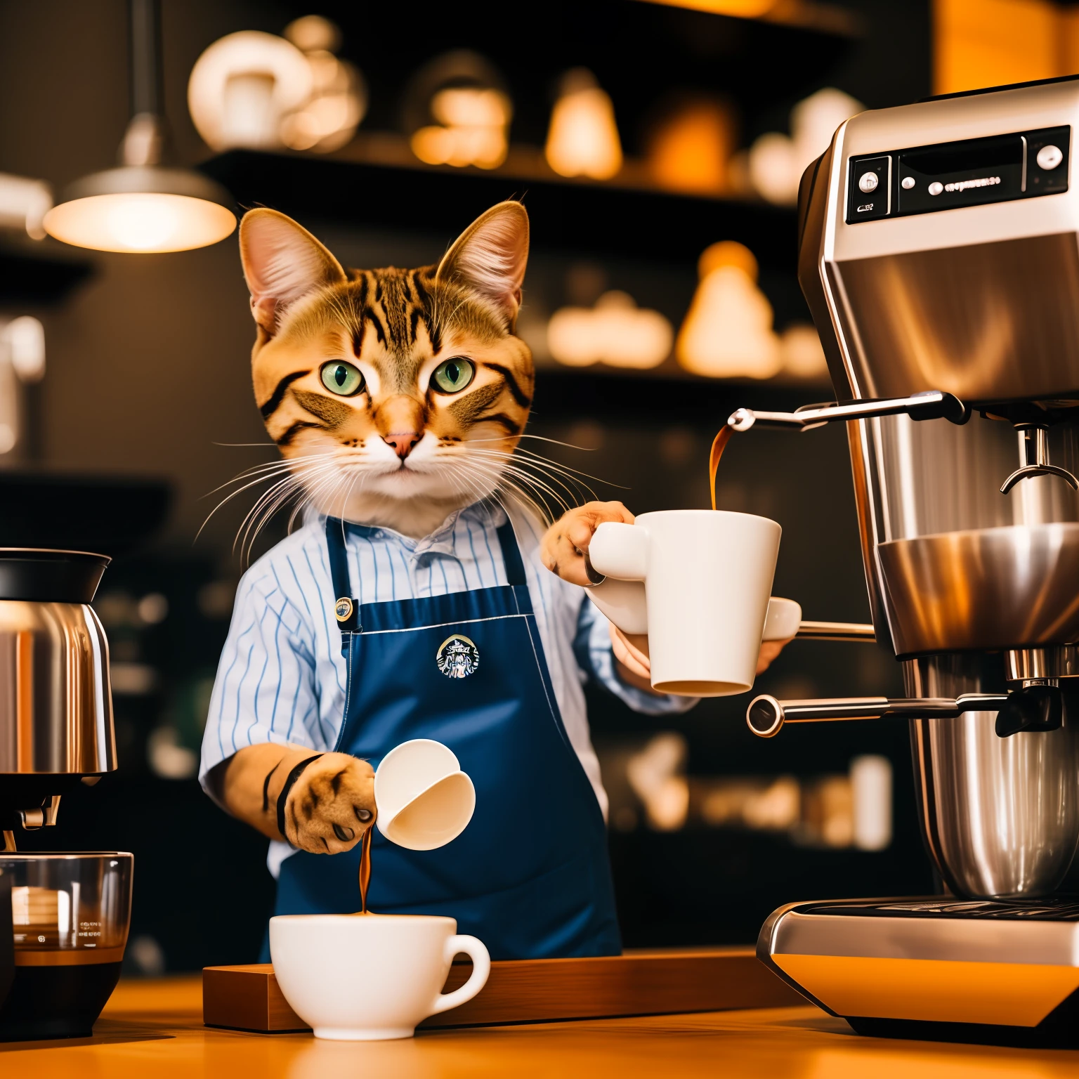 An anthropomorphic cat making espresso as a barista at a Starbucks coffee shop