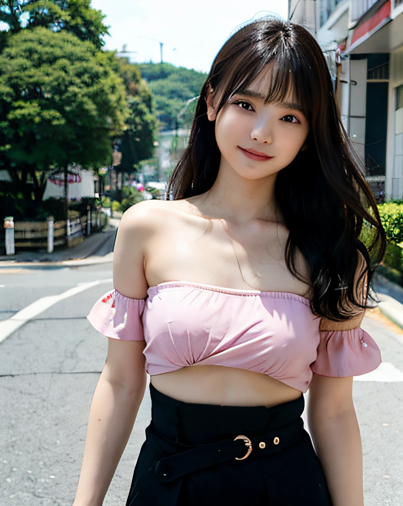 Woman Standing On Street Corner、top-quality、女の子 1 a person、middlebreasts、tag、with light glowing、blur backgroun、Slender Line、bokeh dof、outside of house、(Street:0.8)、(a person々、Large crowds:1)、((Tube Top))、(((underboob)))、((Ultra mini skirt))、a gorgeous(long hair up to the waist：1.4、Floating hair、One-length、Forehead:1.2)、Beautiful sky with details、耳 Ring、(dynamicposes:1.2)、 (above knee)、Soft lighting、the wind、glowy skin、A smile、Sauce order、A gaze that looks at the viewer、lush hair、Glossy hair、