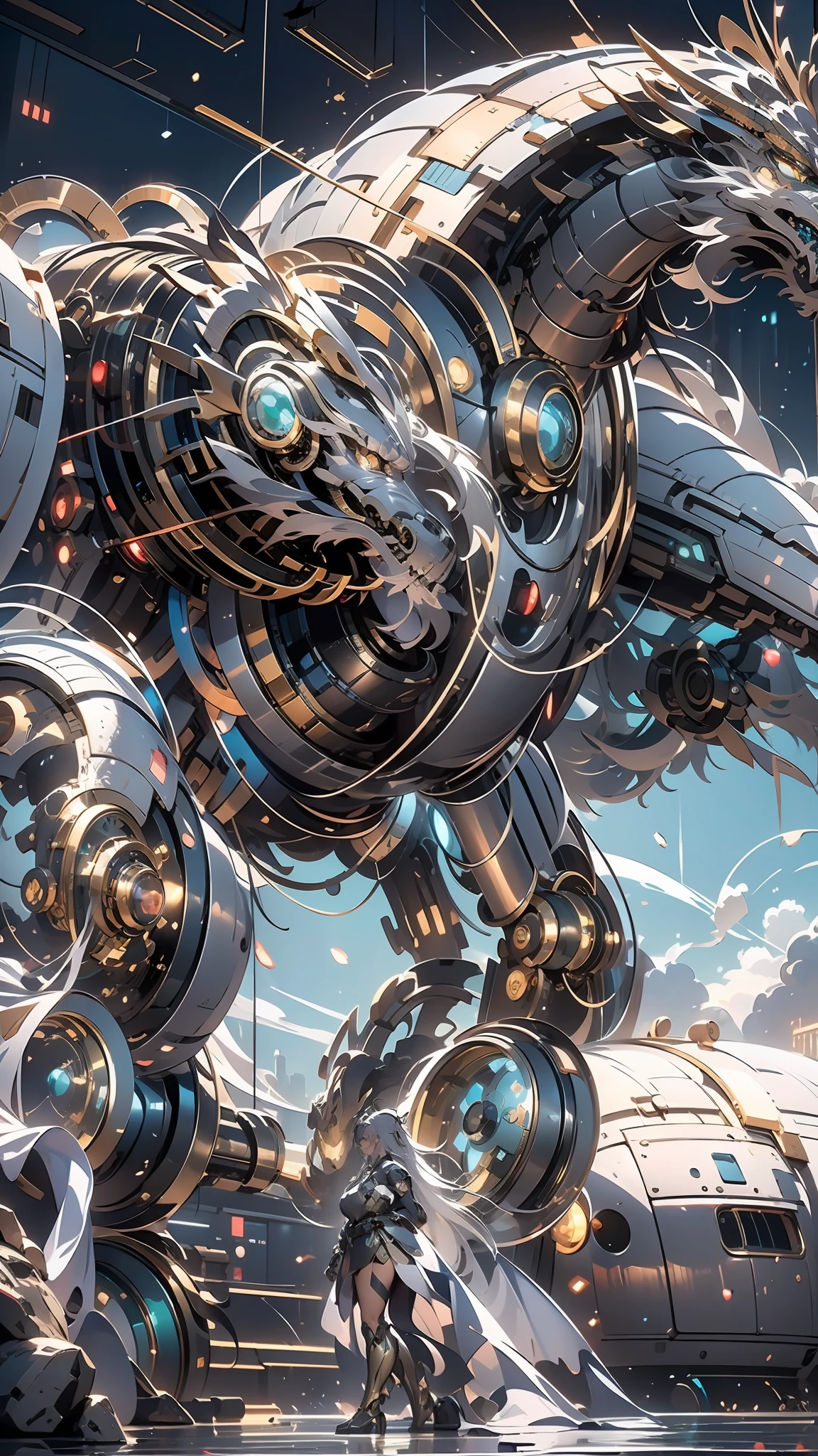 ((best qualtiy)), ((tmasterpiece)), (The is very detailed:1.3), 3D,In Cyberpunk World,A girl in mechanical armor,holding futuristic weapons,The battle is ahead,Behind her was a medium-sized armored mech,At the end of the end, There are super giant mecha Oriental Dragon,hdr(HighDynamicRange),Ray traching,NVIDIA RTX,Hyper-Resolution,Unreal 5,sub surface scattering,PBR textures,Post-processing,Anisotropic filtering,depth of fields,Maximum clarity and sharpness,Many-Layer Textures,Albedo e mapas Speculares,Surface coloring,Accurately simulate light-material interactions,perfectly proportions,rendering by octane,twotonelighting,Low ISO,White balance,trichotomy,Wide aperture,8K raw data,High-Efficiency Sub-Pixel,sub-pixel convolution,Luminous Particle,