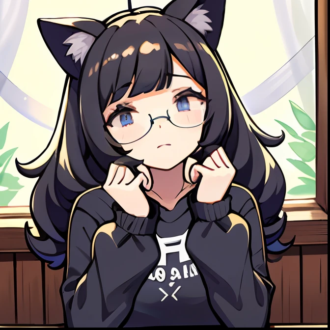 (masterpiece), (best quality), (highly detailed), 1girl, solo, looking at viewer, long sleeves, bangs, smile, hair between bag, indoor, room, black ribbon, black hair, hoodie, upper body, jacket, blush, cat ears, circle glasses, glasses, dim lighting, casual