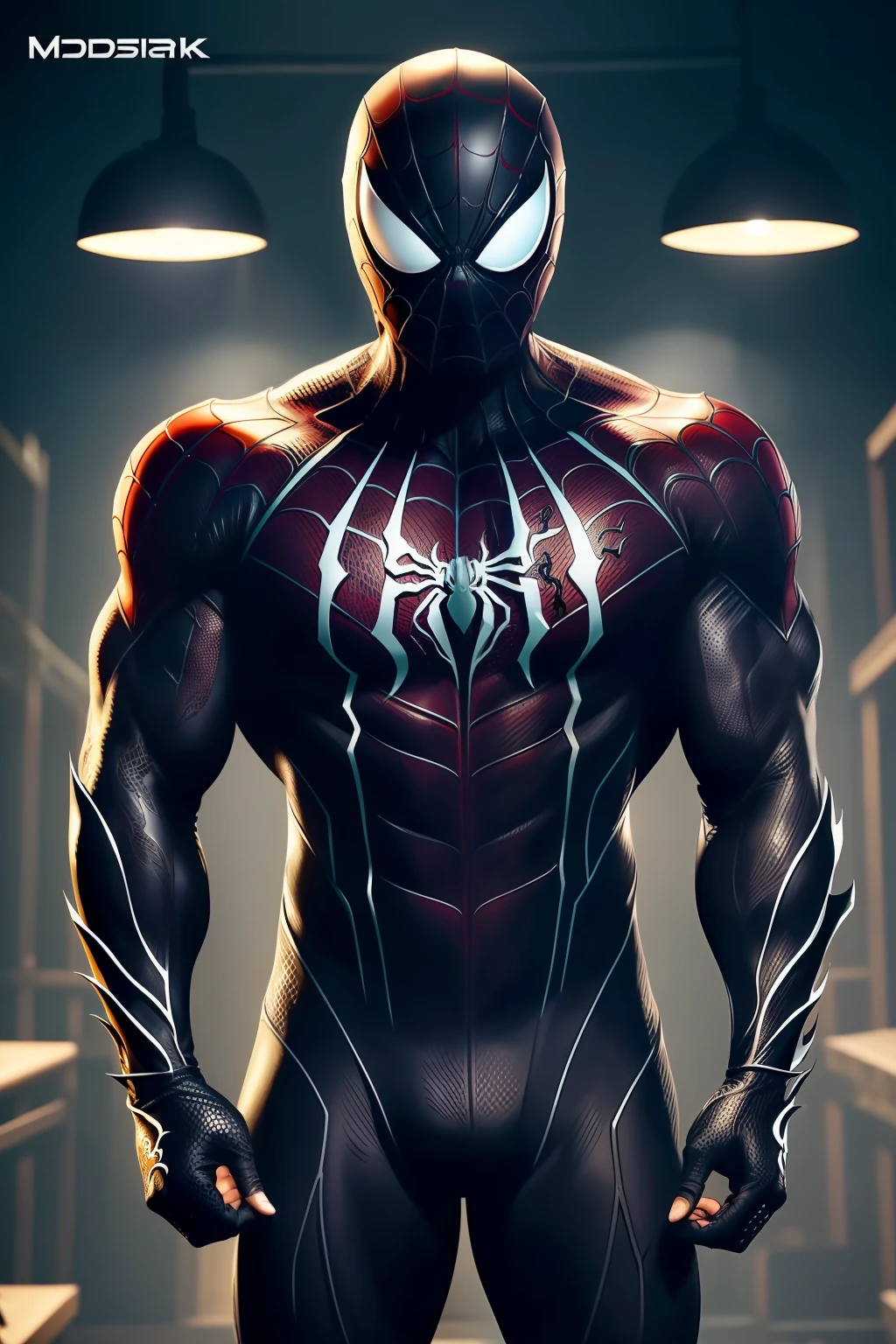 ​masterpiece、top-quality、thickness、Spiderma、Venom、are flying、Detailed masks、Detailed suit、１a person、symbiote、Parasitized、Tobey Maguire、Fangs grow、cloaks、well-muscled、White pattern、Shoulder Armor、