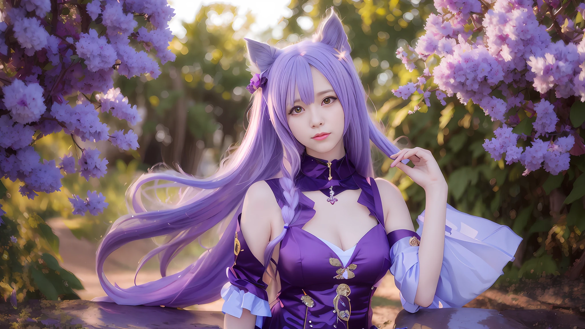 Girl with long hair with purple hair and cat ears poses in front of purple flowers, Anime girl cosplay, Anime cosplay, cosplay, Very beautiful anime cat girl, cosplay foto, Attractive cat girl, professional cosplay, Anime goddess, beautiful anime catgirl, very beautiful cute catgirl, Anime girl in real life, full-cosplay, Gorgeous Role Play, Holo is a wolf girl