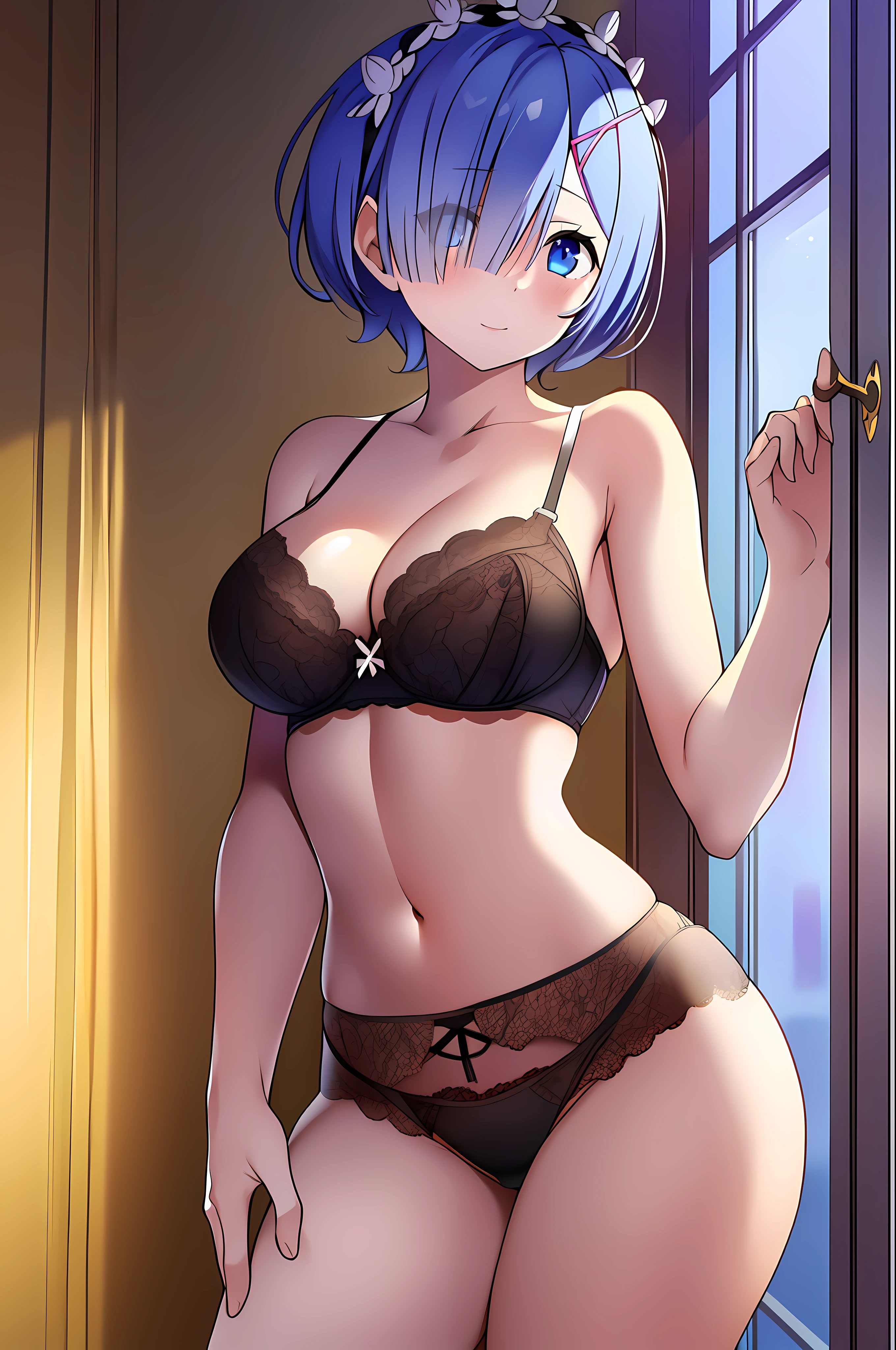 remrezero, (masterpiece), best quality, 1girl, solo, (high quality), black bra, black panties, nsfw, sexy, bedroom, morning scene, medium breasts