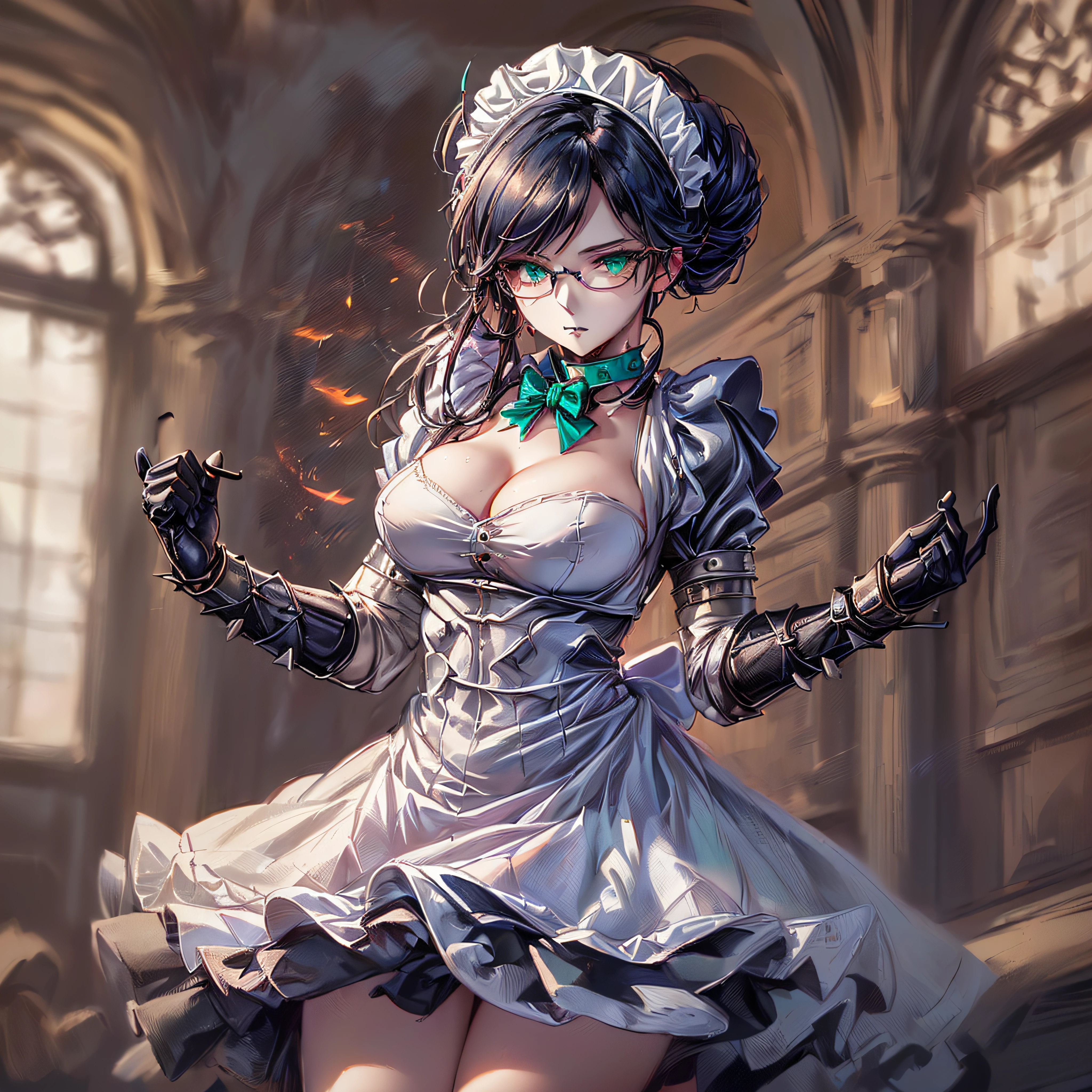 (1girl, yuri alpha:1.0), (anime overlord:2.0), (solo:1.4), (maid dress1.0), (gothic style:0.8), (64k, UHD, Raw photo, highes, Best Quality, mastepiece:2.0), (Ultra-fine depiction of details:3.0), (a serious, loyal, hard-working maid head, the vice-captain of the "Pleiades Six Stars", the battle maid squad of the Great Tomb of Nazarick), (she is a ((battle maid)), which means she is not only a maid but also {a master of martial arts} to expel enemies that invade the Great Tomb of Nazarick), (a beautiful, slender, woman with an intelligent look:1.5), (black hair1.6), (elegant, vivid blue bowtie, ribbon:1.4), (green wristband), (She is equipped with a pair of spiked gauntlets:1.9), (The gauntlets are dark, vivid emerald green:1.9), (perfect face, perfect body, perfect figure, pink lips, slight blush:1.2), (flawless, silky, shiny, white skin:1.2), (cool, intellectual glasses:1.3), (slightly glowing Cerulean blue eyes:1.3), (shiny sleek long hair, single hair bun, single braid bun, double bun), (silky, high-quality, majestic, gothic, maid dress:1.9), (vivid blue gothic style choker:1.3), (pure white maid apron:1.6), (gigantic breasts:1.3), (sexy cleavage:1.1), inhouse, studying the orders issued by the master of [the Great Tomb of Nazarick, Ainz Ooal Gown], the room is filled with solemn atmosphere, ((long shot, full body shot:2.0)), (highly sophisticated professional HDR, with effective ambient occlusion, perfectly optimized and effective spot light and front light:1.7),