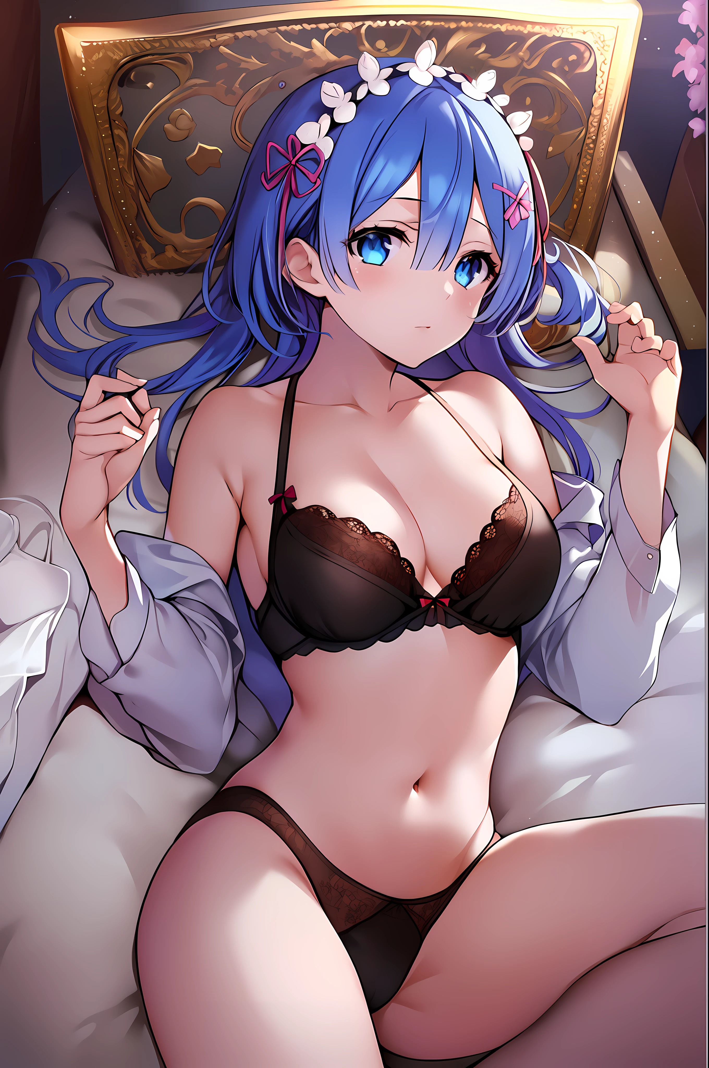 remrezero, (masterpiece), best quality, 1girl, solo, (high quality), black bra, black panties, nsfw, sexy, bedroom, morning scene, medium breasts
