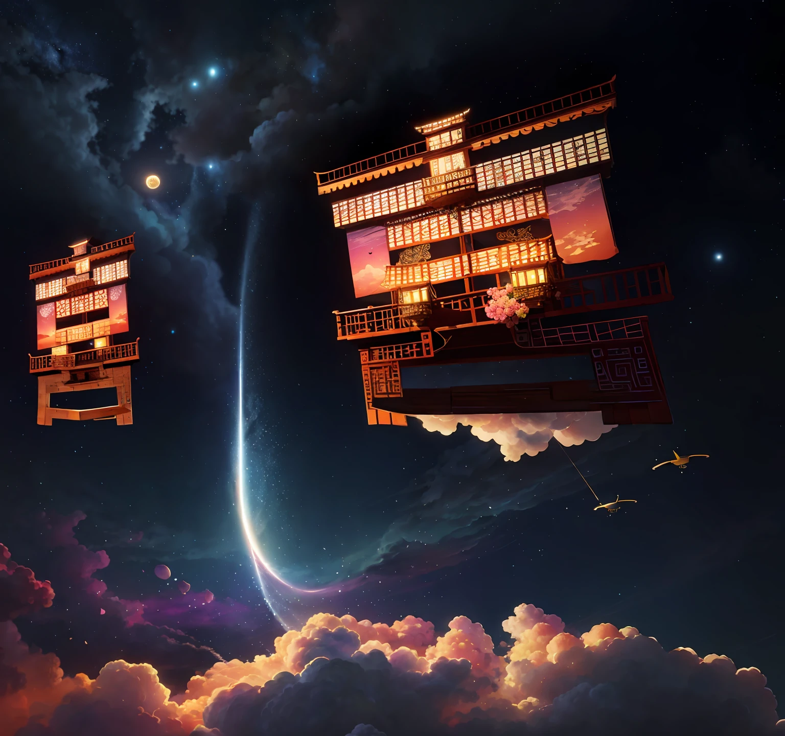 paint (strokes)+, atmosphere, intricate, clouds, aspect ratio 1:1, raytracing, Bokeh, smooth, (colorful), (detailed complex busy background: 0.8), hydrangea, repair drones, (night:1.4), Sharp Eyeliner, intricate details, hand on Chinese sword, beautiful, flat illustration, scenery, detail love, (ultra-detailed), day, photon mapping, ((intricate details)), ship wake, (The Peach Tree), crowd,