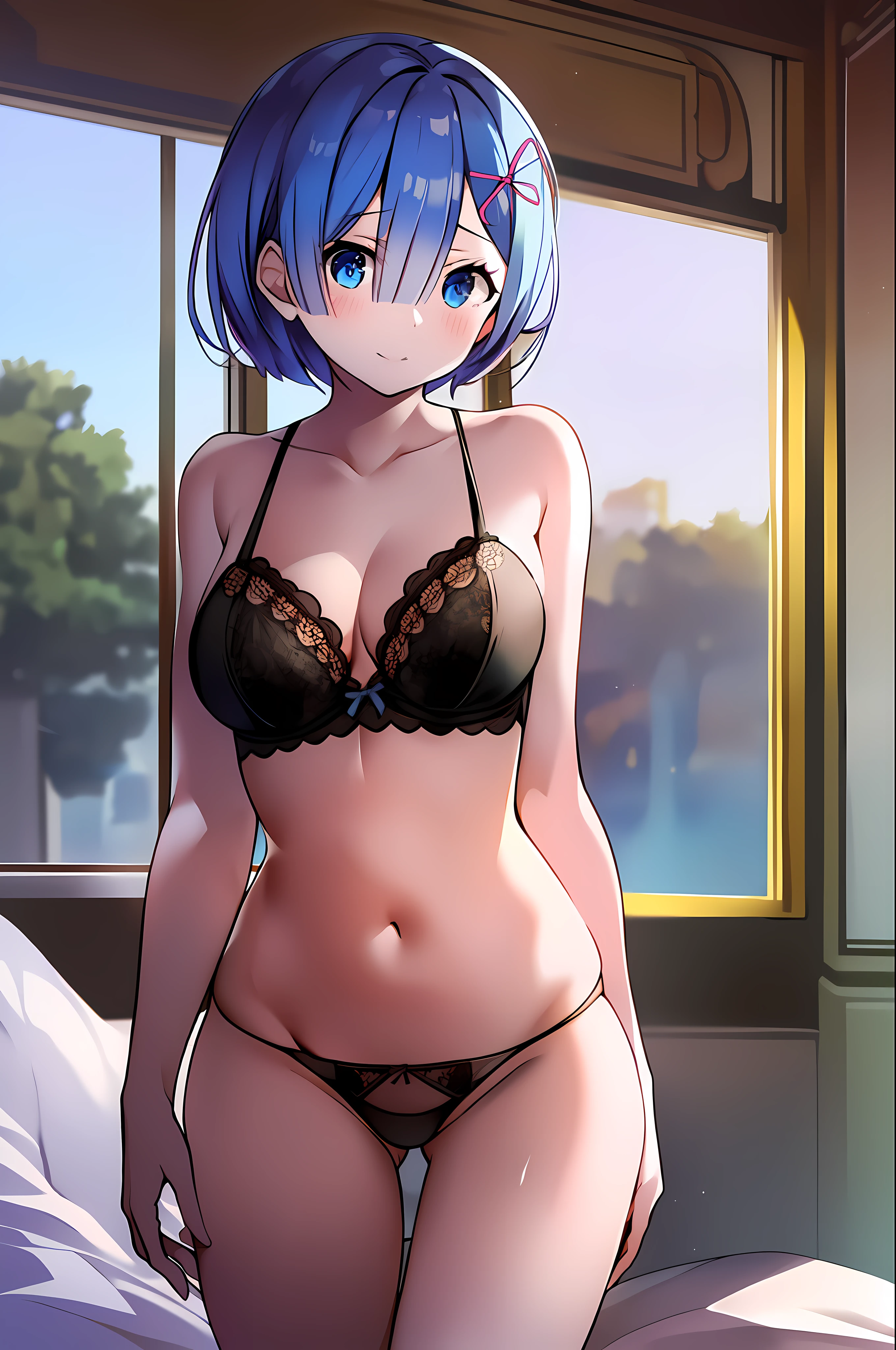 remrezero, (masterpiece), best quality, 1girl, solo, (high quality), black bra, black panties, nsfw, sexy, bedroom, morning scene, medium breasts