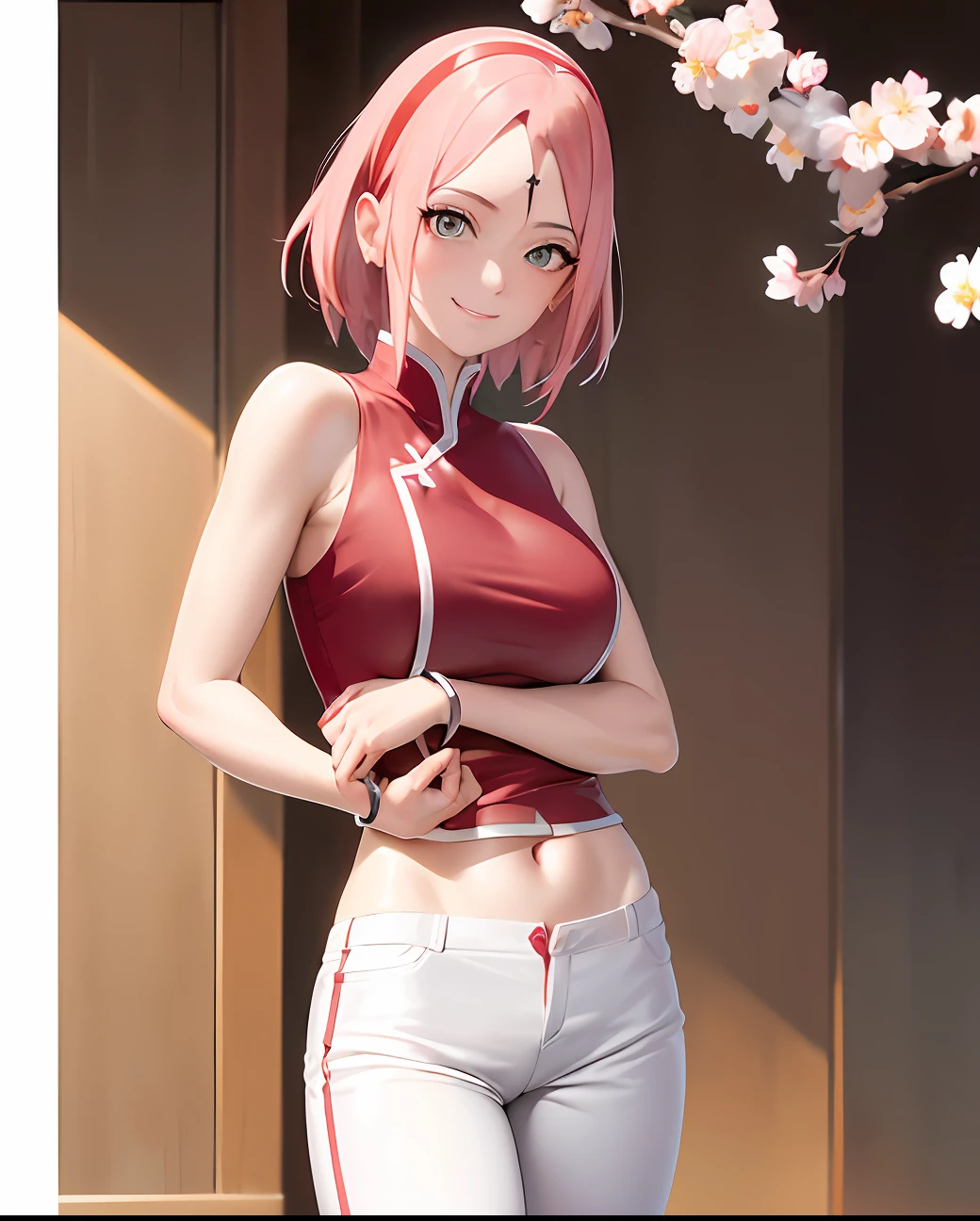 masterpiece, absurdres ,1girl, haruno sakura,forehead mark, red hairband, red sleeveless dress, white pants,navel,   groin,   bracelet, looking at viewer, crossed arms, smile, cherry blossoms, wind, floating hair,