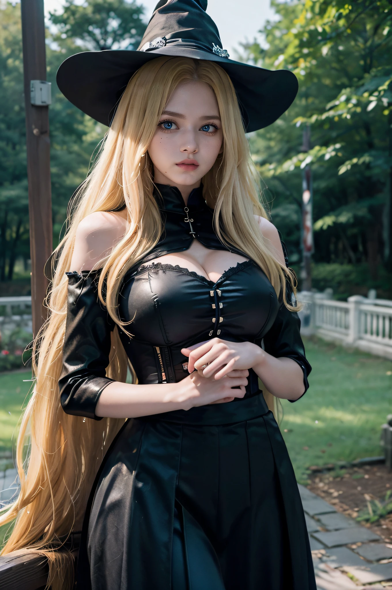 1girl, (Blue Eyes), angry face, ((Sana Minatozaki)), wide hips, Big Boobs, big ass, (Best Quality, 8k, Masterpiece: 1.3)) ), Clear Focus: 1.2, Perfect Body Beauty: 1.4 , Slender Abs: 1.2, Wet Body: 1.5 , Highly detailed face and skin texture, detailed eyes, double eyelids, ((long blonde hair)), long legs, witch, black_embroidered corset, long black skirt, witch hat, mystery , terror, forest, scary night, night, castle background
