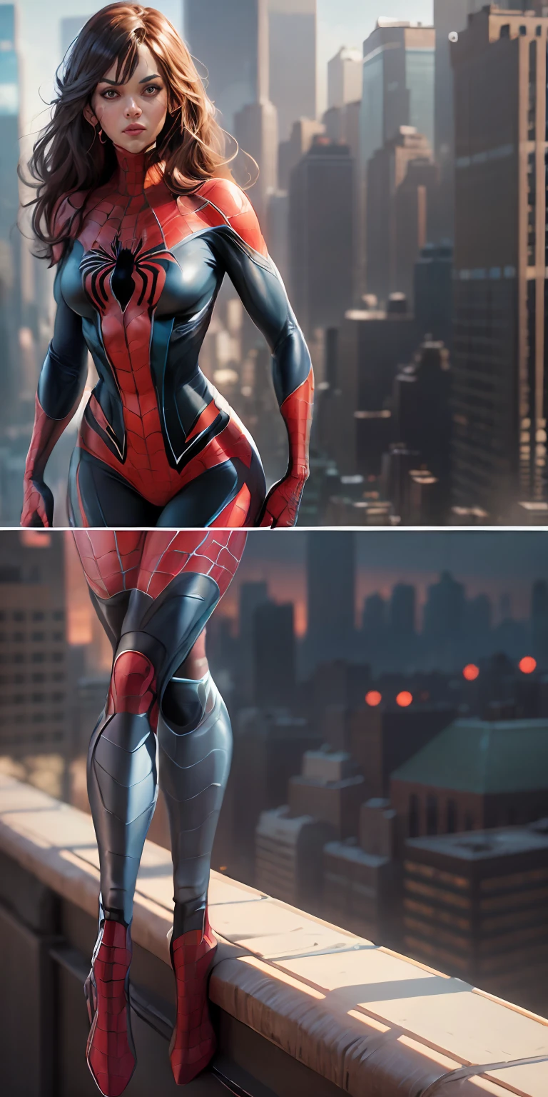 female Spider-man from Marvel, big breasts, frontal, full-length, looking at the camera, facing the audience, standing pose, Manhattan background, three-dimensional light, detailed full-body concept, sleek digital concept art, beautiful full-body concept art, art trend, CGsociety full-length,