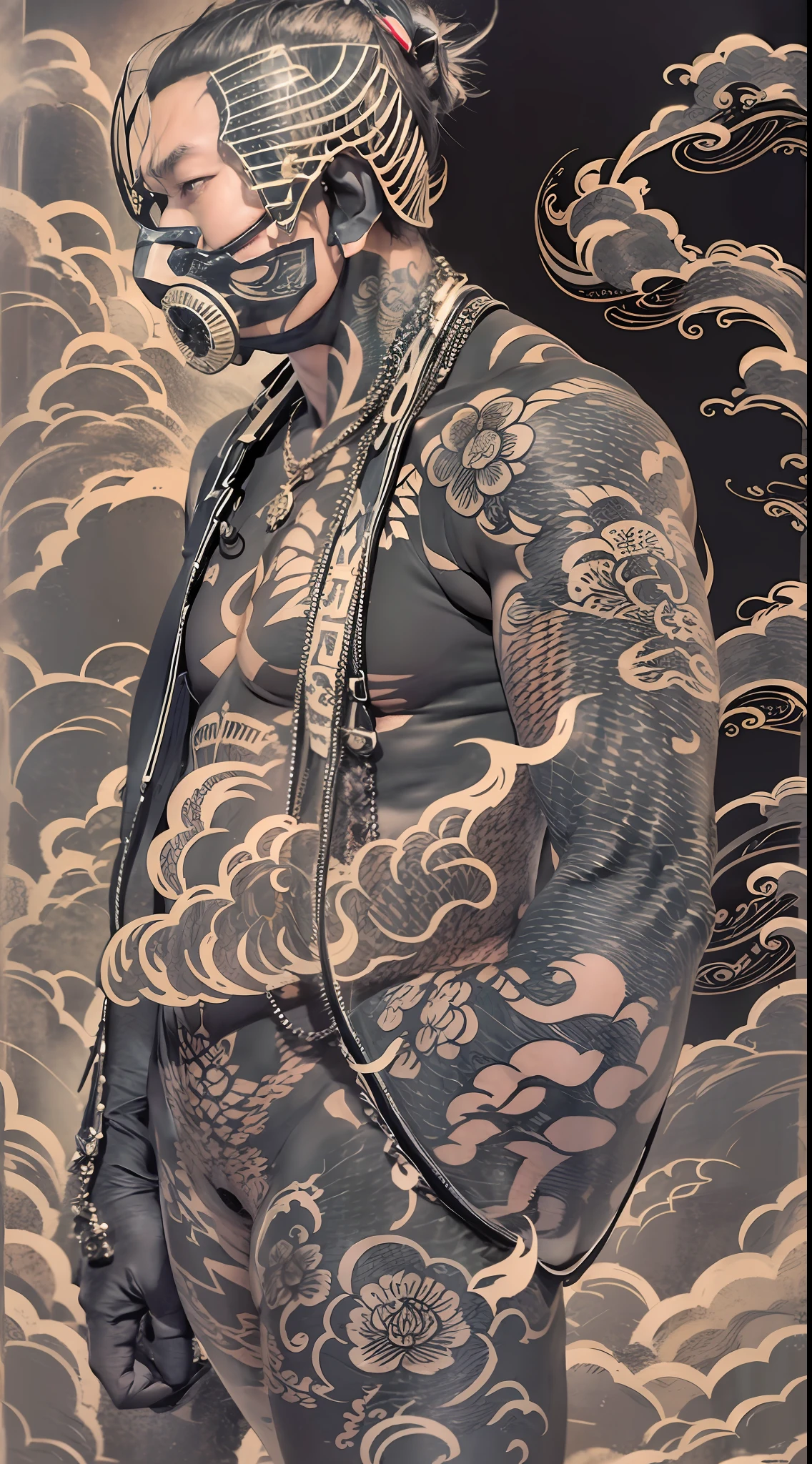 "Capture the essence of a mysterious figure, his body covered in mesmerizing Yakuza-inspired tattoos, standing in a hazy, smoke-filled room, exuding an alluring blend of strength and enigma."