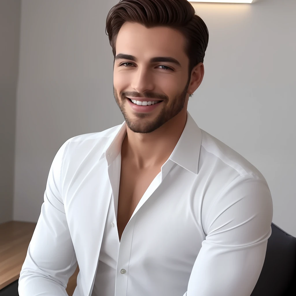 confidence, sucesso, homem confiante com postura elegante, sorriso decidido, striking expression, soft light highlighting features, chave do sucesso.