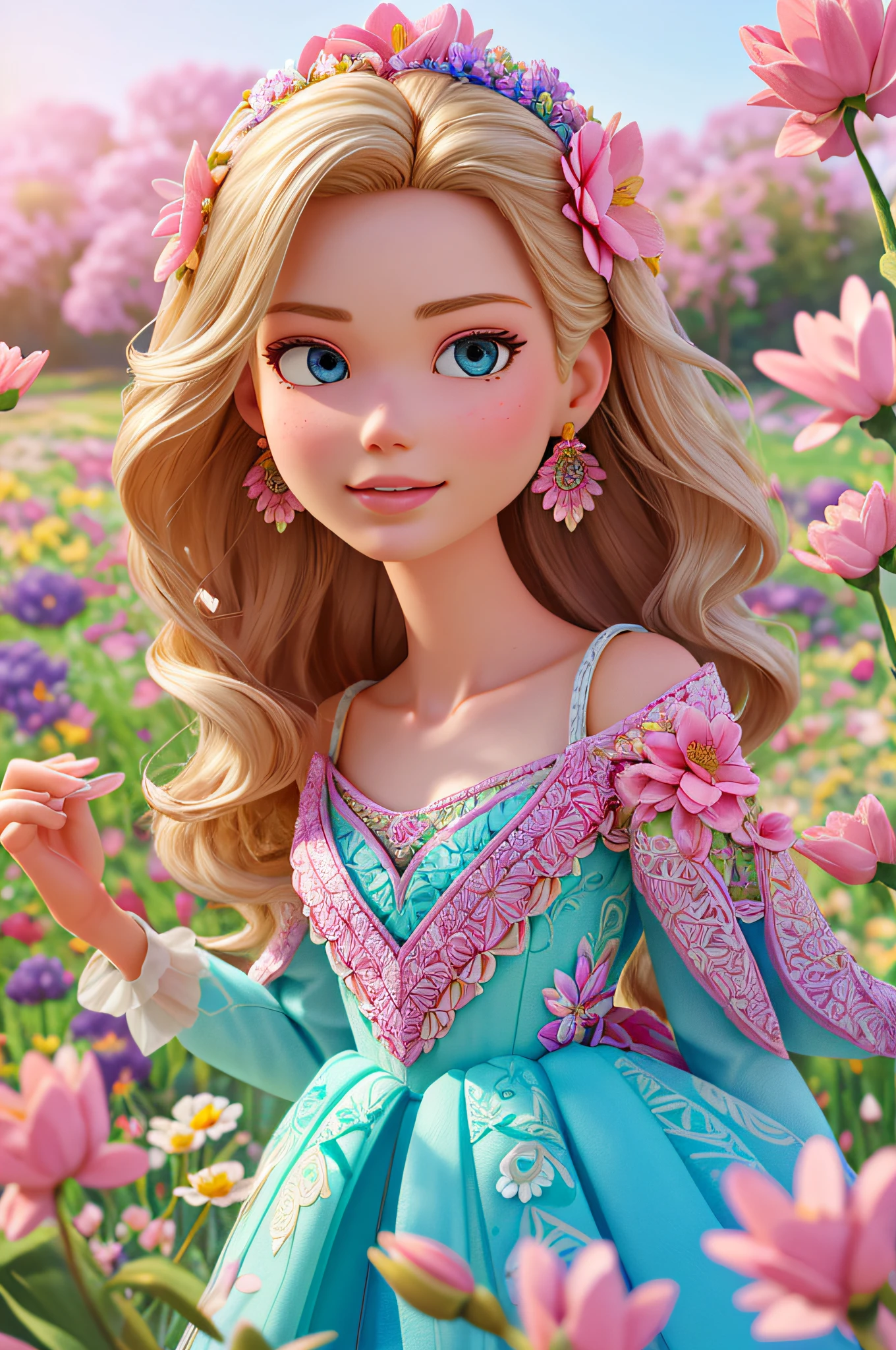 A Barbie princess wearing a lovely pink lightweight dress, hires, extremely detailed, detailed background, diffused natural lighting, (flower field, flower petals, surrounded by flowers:1.4), (zentangle, fractal art:1.3), (many colors, colorful:1.1), face focus), seductive, wind blowing, earrings, wearing detailed exotic clothes, ((Full body shot)), delicate face, white skin, delicate facial features, perfect facial features, delicate hair portrayal, delicate eyes portrayal, 8k picture quality, atmosphere sense, the highest quality, masterwork, extreme detail, high resolution, blurry foreground, foreshortening, Luminism, cinematic lighting, wide shot, Masterpiece, retina, textured skin, anatomically correct, best quality, award winning