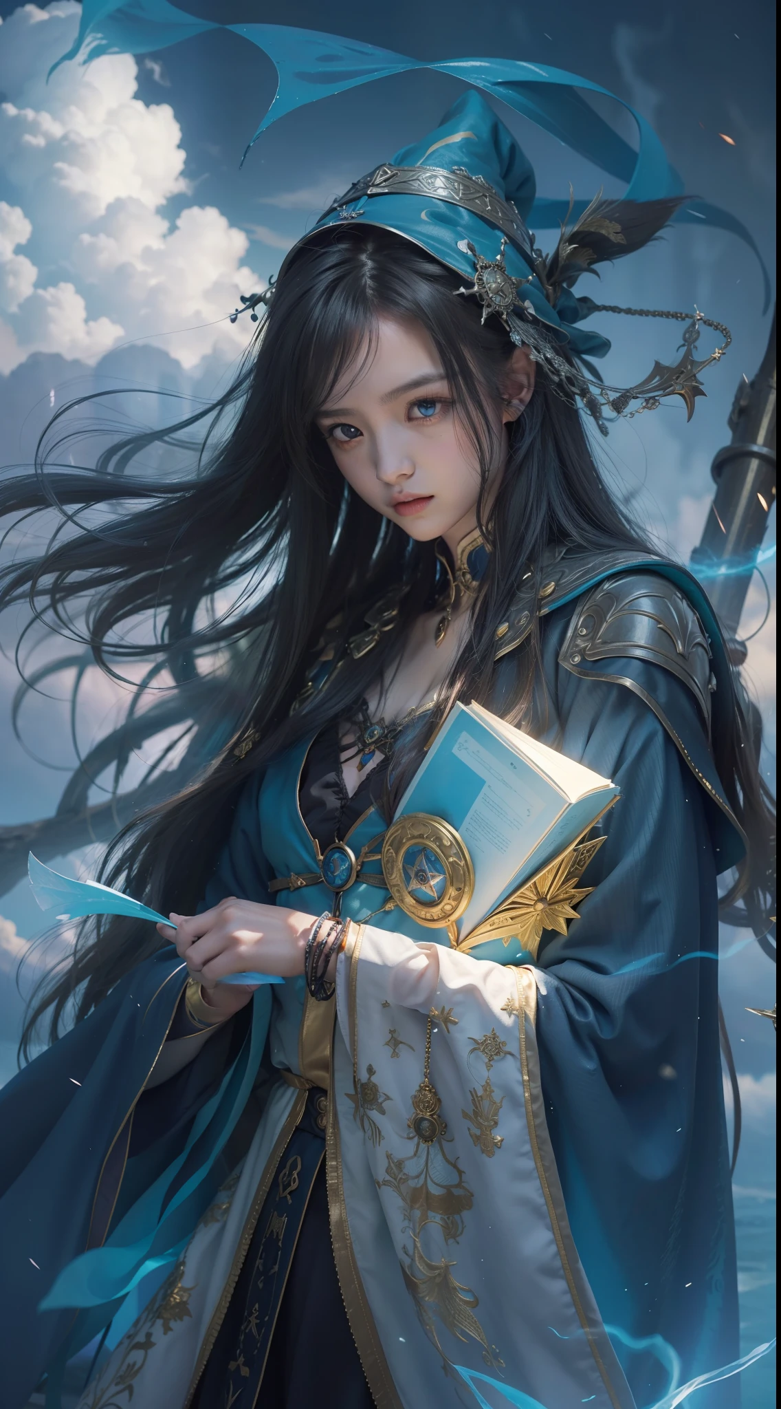 Above the rising clouds,Night, Dark, (Fantasy),infinite,deep blue sky,The abyss of knowledge,Cowledge,((masutepiece)), (((Best Quality))),((Beautiful fine eyes)),(Eye lashes)、Realistic clouds、Very beautiful face、The ultra -The high-definition、high fantasy castle、beautiful Girl、(女の子1人)、Black hair、The long-haired、abyss eyes、glowy skin、oils、small tits、Perfect human body structure、Wizard robes、der riese、tattered cloth、Realistic coat、Teenchi、Super delicate CG Unity 32k wallpaper、photoRealstic、masterpiece, ((ultra-detailliert)), ((illustratio)),colourfull,wall-paper,The energy,Unknown terror,Incomprehensible,Around the magic,Magical surroundings,magic wands,Boken,Flying pages,Know everything,Predict the future、Get to know the past、Infinite wisdom、blue flames、Warlock、magic circles、Pentagram、Spells、mantra、Singing magic