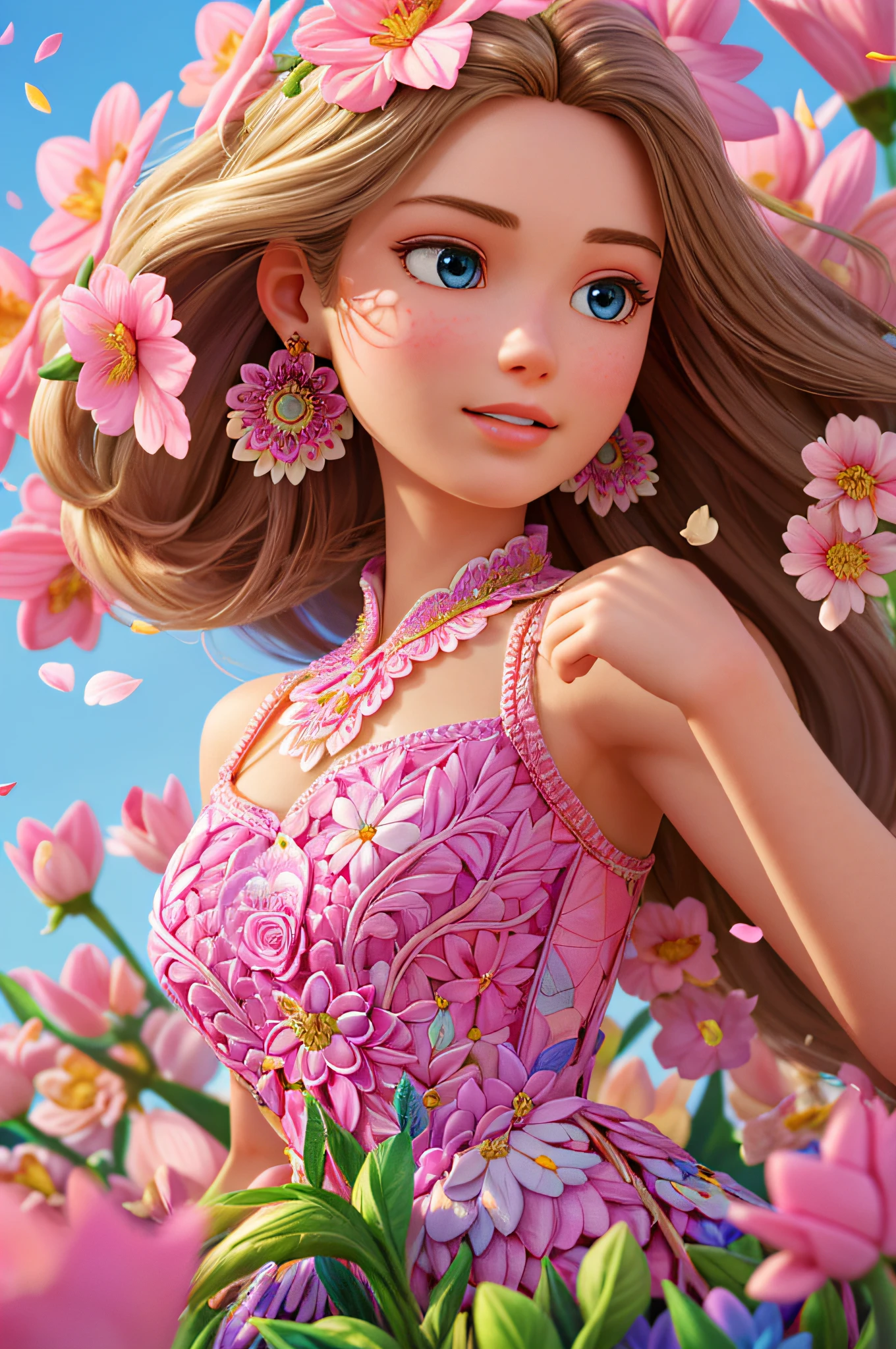 A Barbie princess wearing a lovely pink lightweight dress, hires, extremely detailed, detailed background, diffused natural lighting, (flower field, flower petals, surrounded by flowers:1.4), (zentangle, fractal art:1.3), (many colors, colorful:1.1), face focus), seductive, wind blowing, earrings, wearing detailed exotic clothes, ((Full body shot)), delicate face, white skin, delicate facial features, perfect facial features, delicate hair portrayal, delicate eyes portrayal, 8k picture quality, atmosphere sense, the highest quality, masterwork, extreme detail, high resolution, blurry foreground, foreshortening, Luminism, cinematic lighting, wide shot, Masterpiece, retina, textured skin, anatomically correct, best quality, award winning